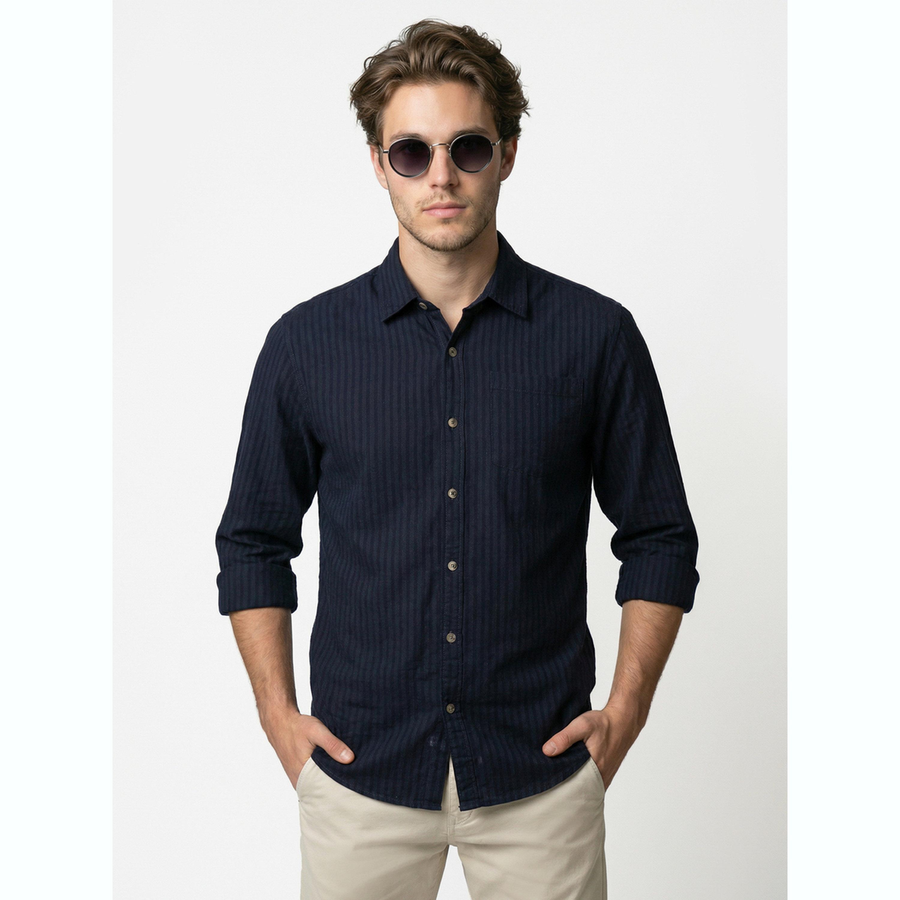 قميص كحلي مخطط بياقة مفرودة-men-clothing-shirts-image-1