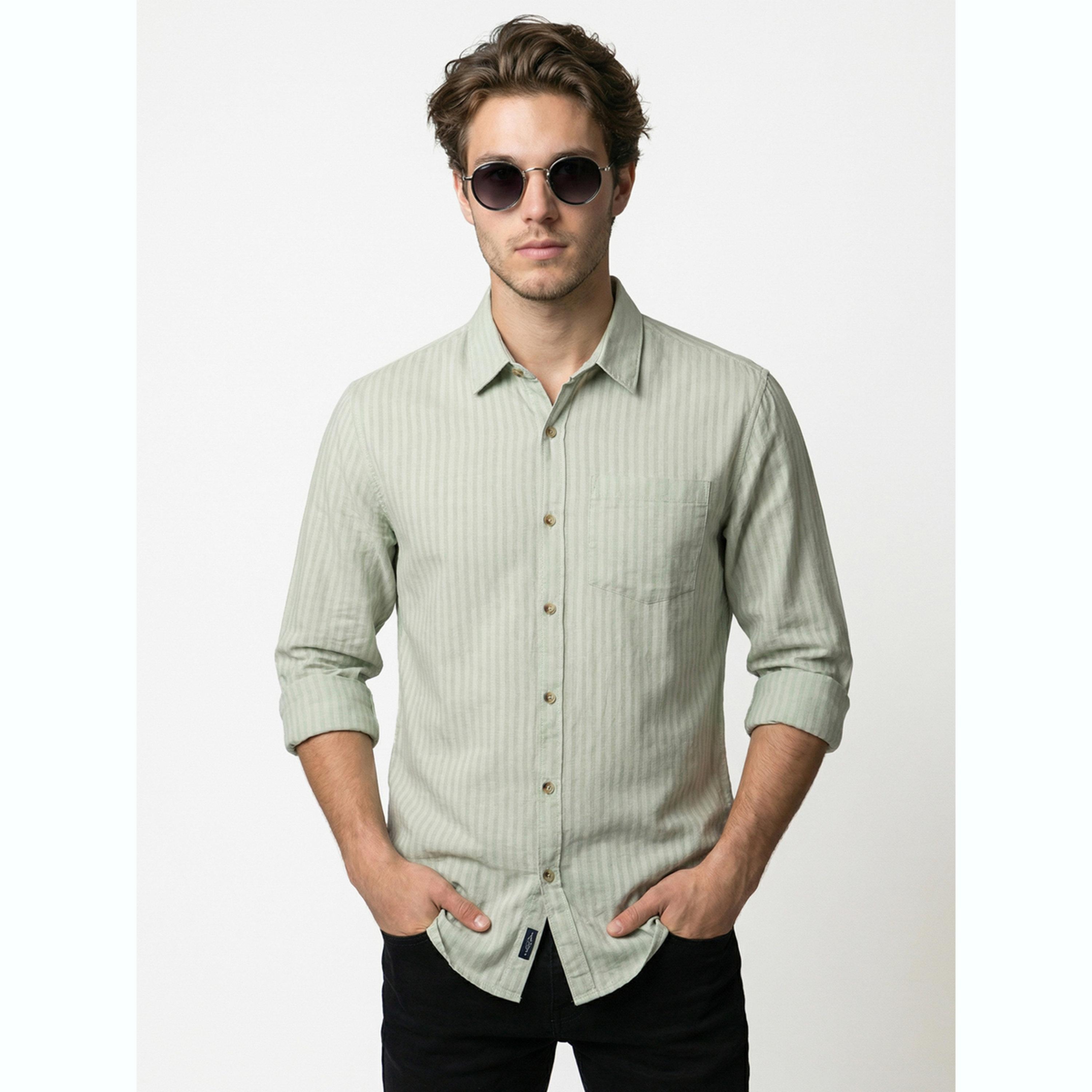 قميص أخضر مريمي مخطط بياقة مفرودة-men-clothing-shirts-image-1