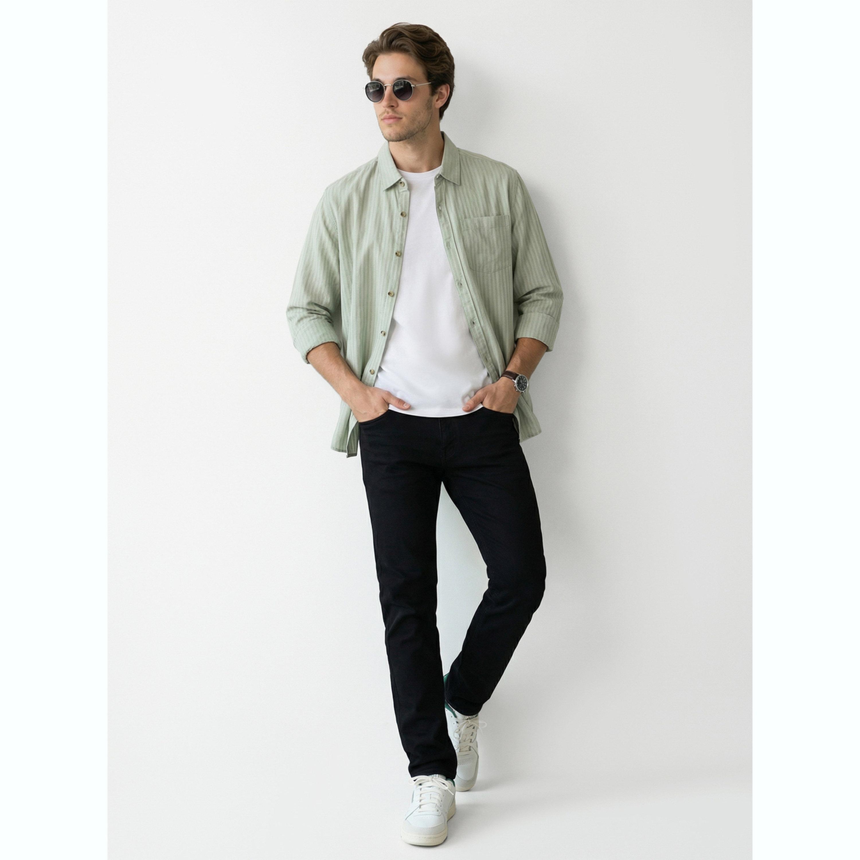 قميص أخضر مريمي مخطط بياقة مفرودة-men-clothing-shirts-image-2