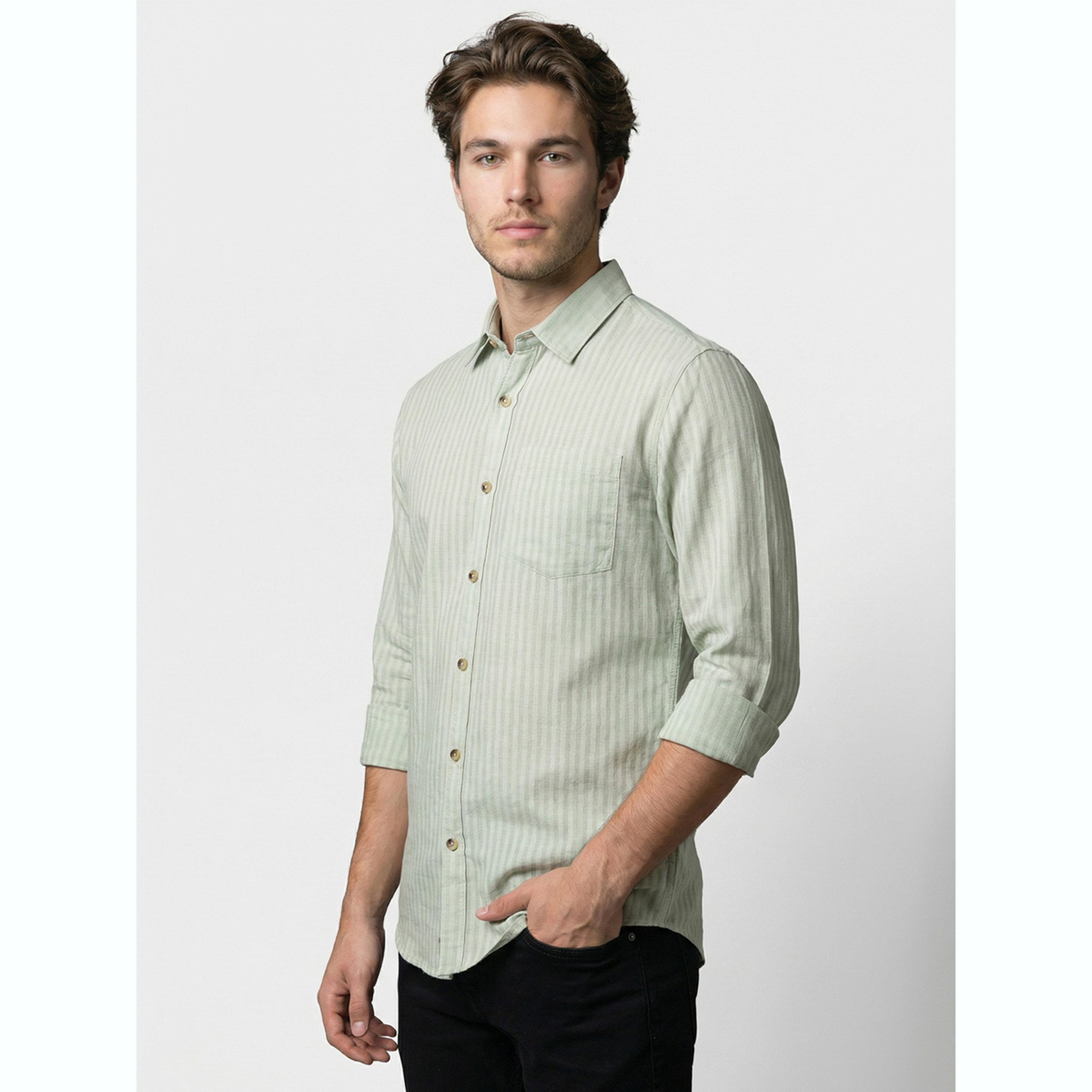 Take Two Men Sage Green Striped Spread Collar Shirt-men-clothing-shirts-image-3