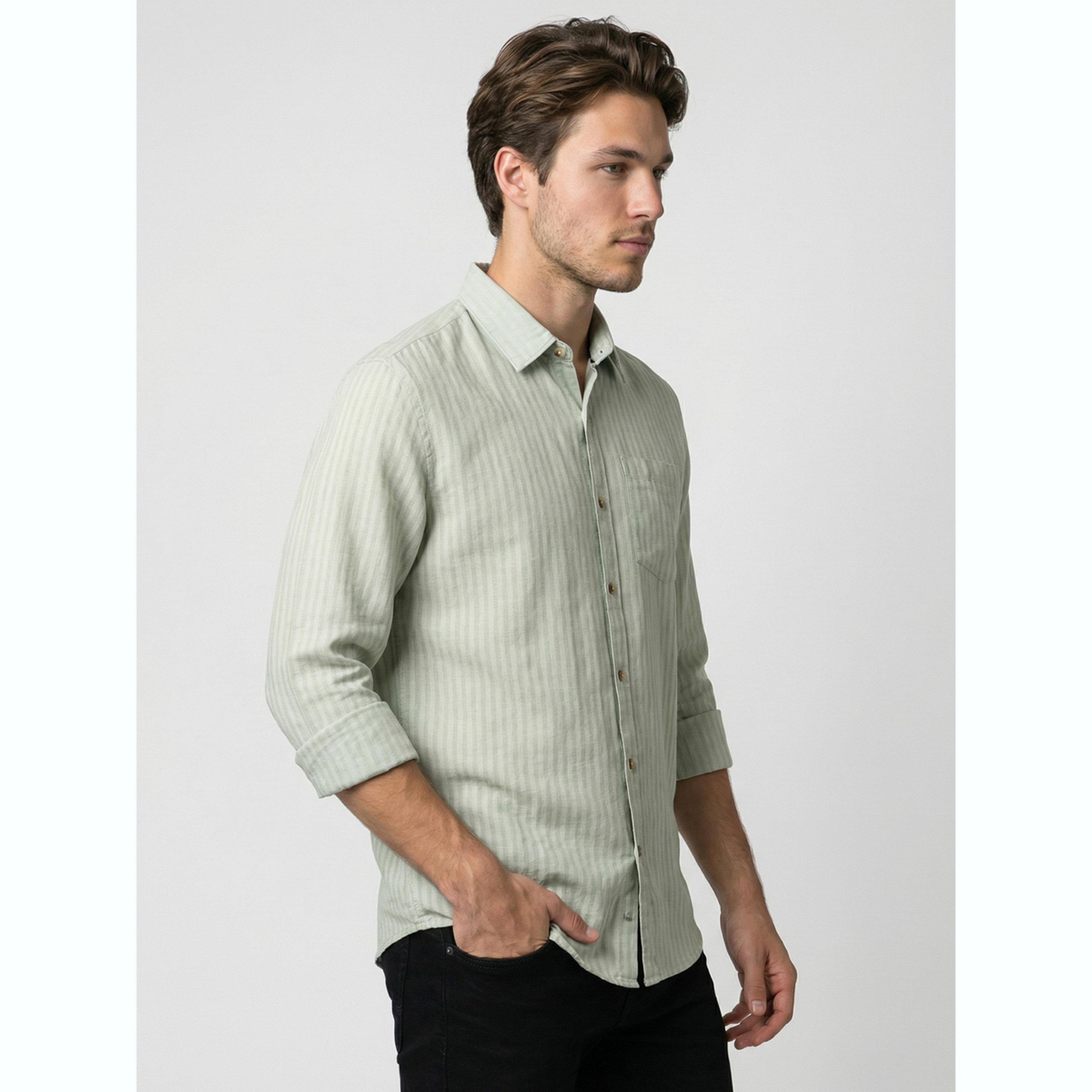 Take Two Men Sage Green Striped Spread Collar Shirt-men-clothing-shirts-image-4