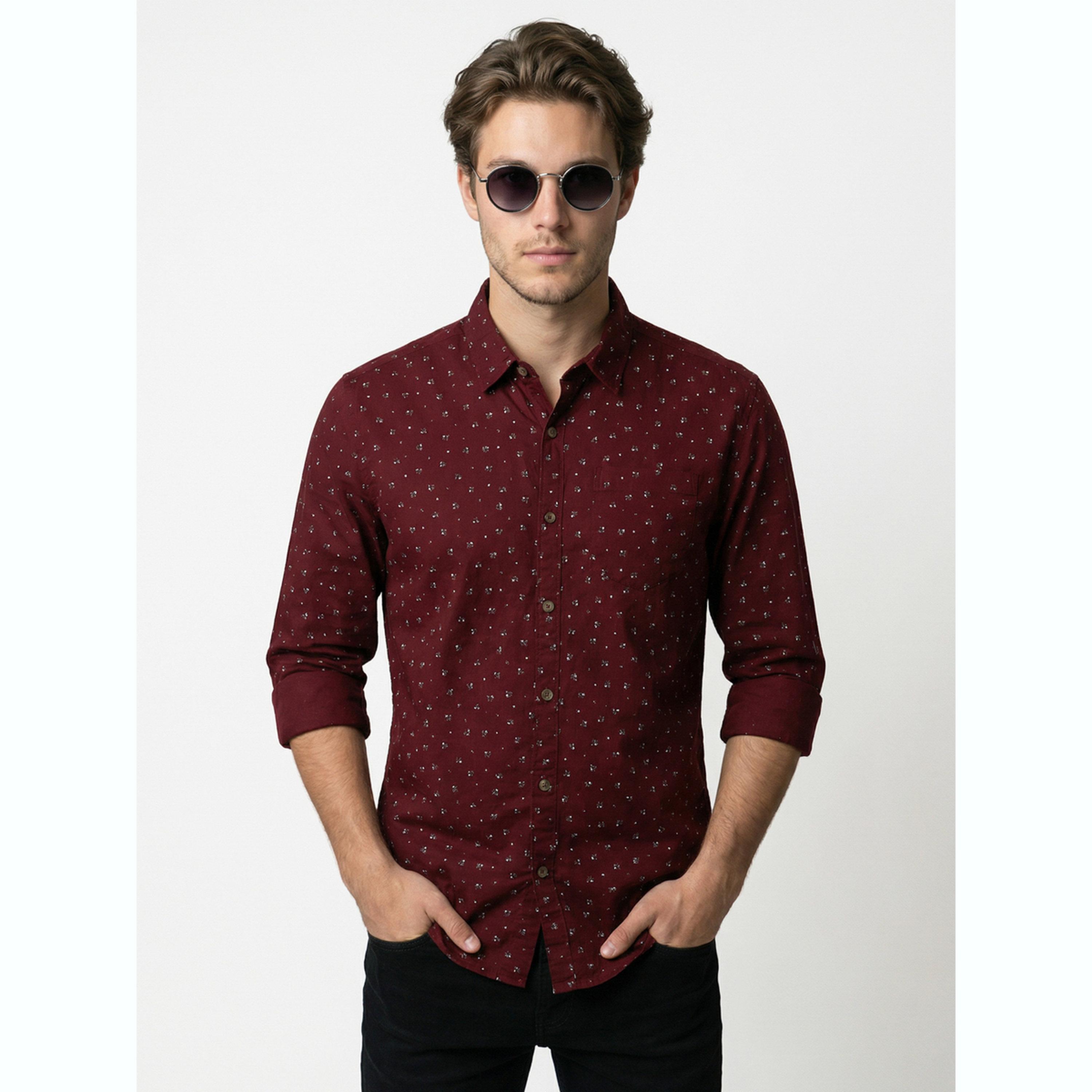 قميص عنابي مطبوع وأكمام طويلة-men-clothing-shirts-image-1