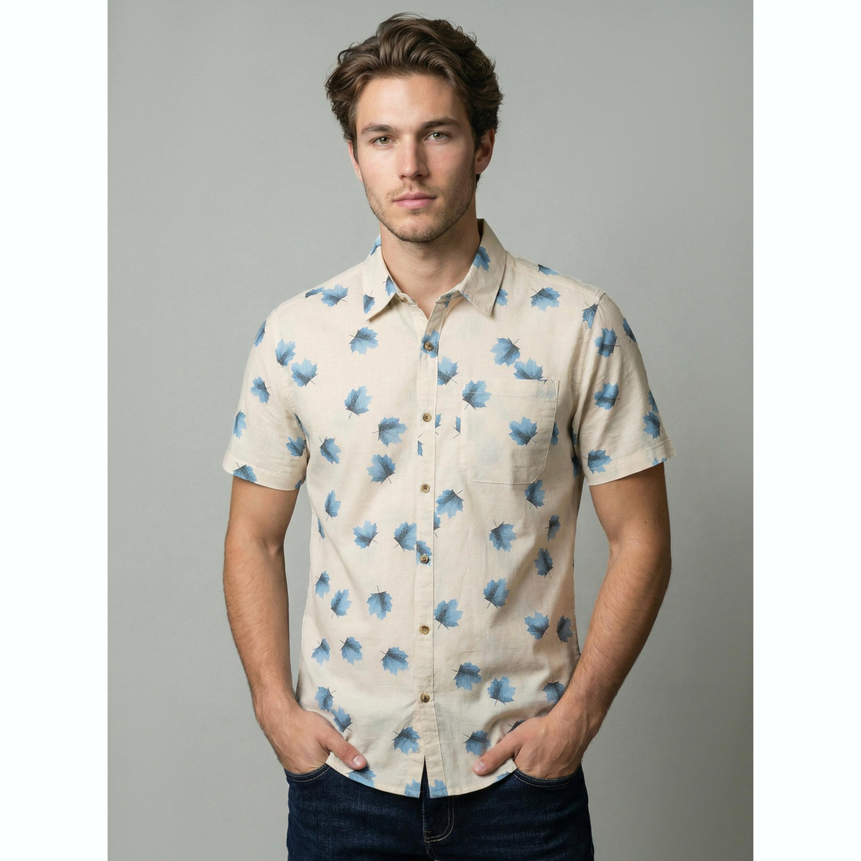 قميص بيج بطبعة أوراق الشجر وأكمام قصيرة-men-clothing-shirts-image-1