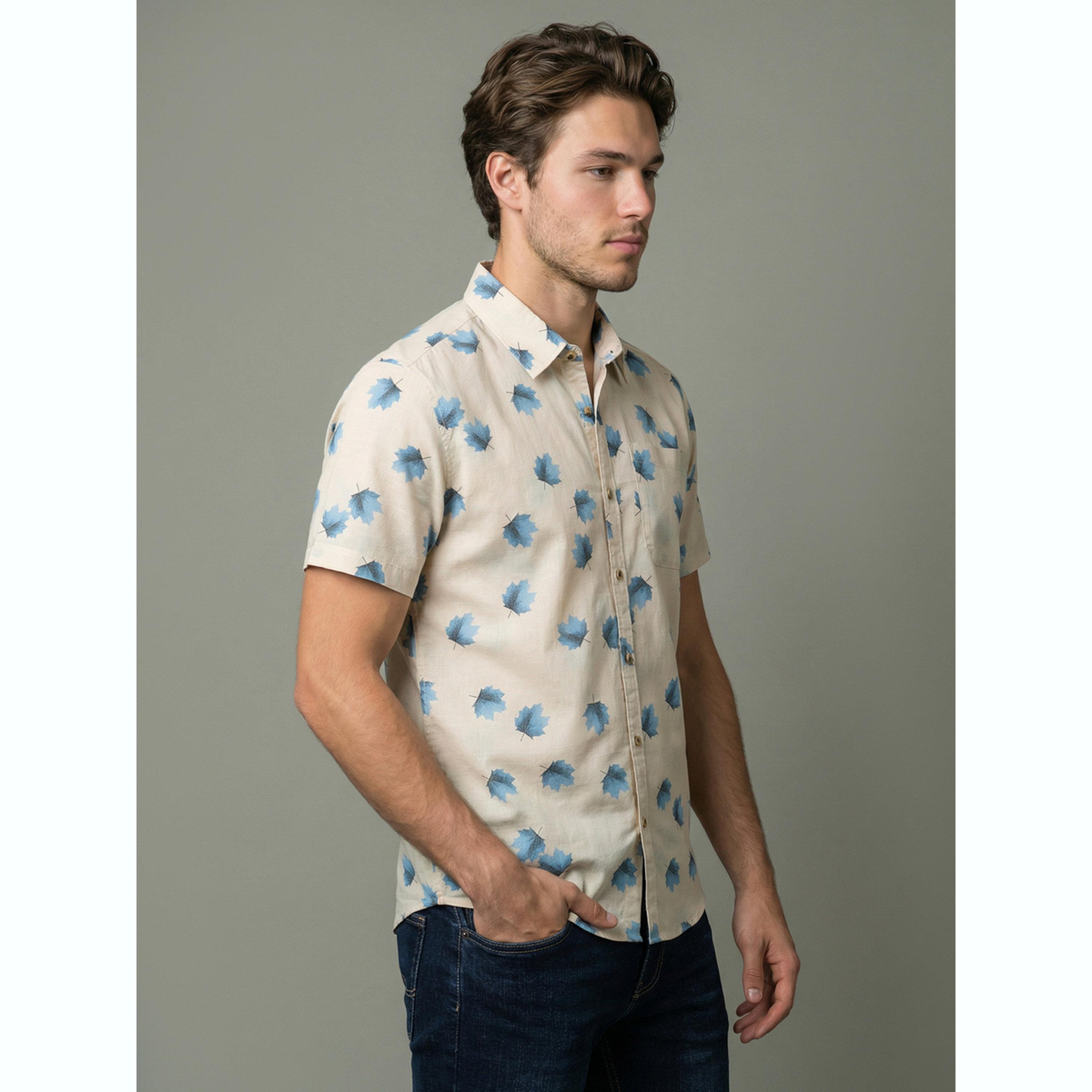 قميص بيج بطبعة أوراق الشجر وأكمام قصيرة-men-clothing-shirts-image-3