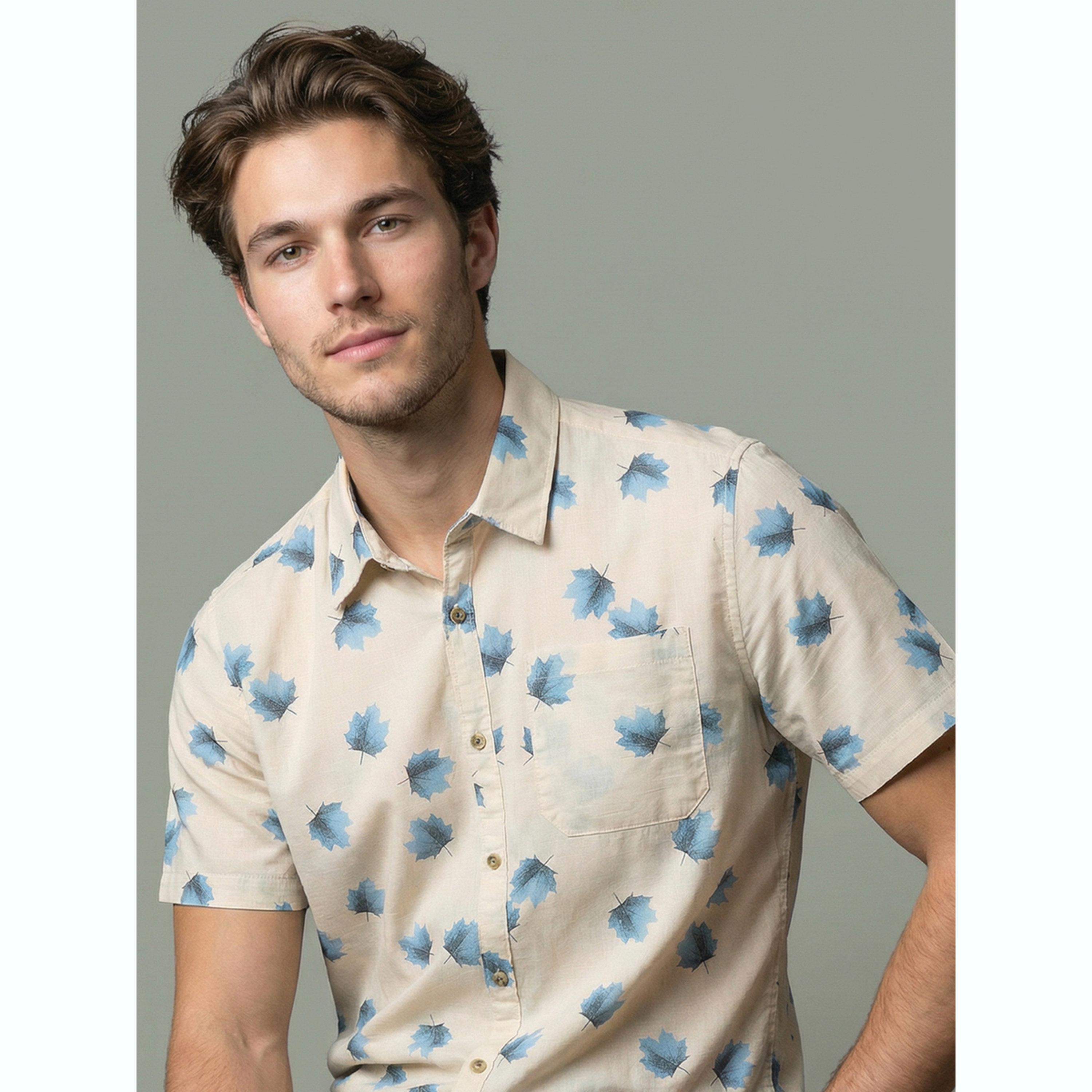 قميص بيج بطبعة أوراق الشجر وأكمام قصيرة-men-clothing-shirts-image-6