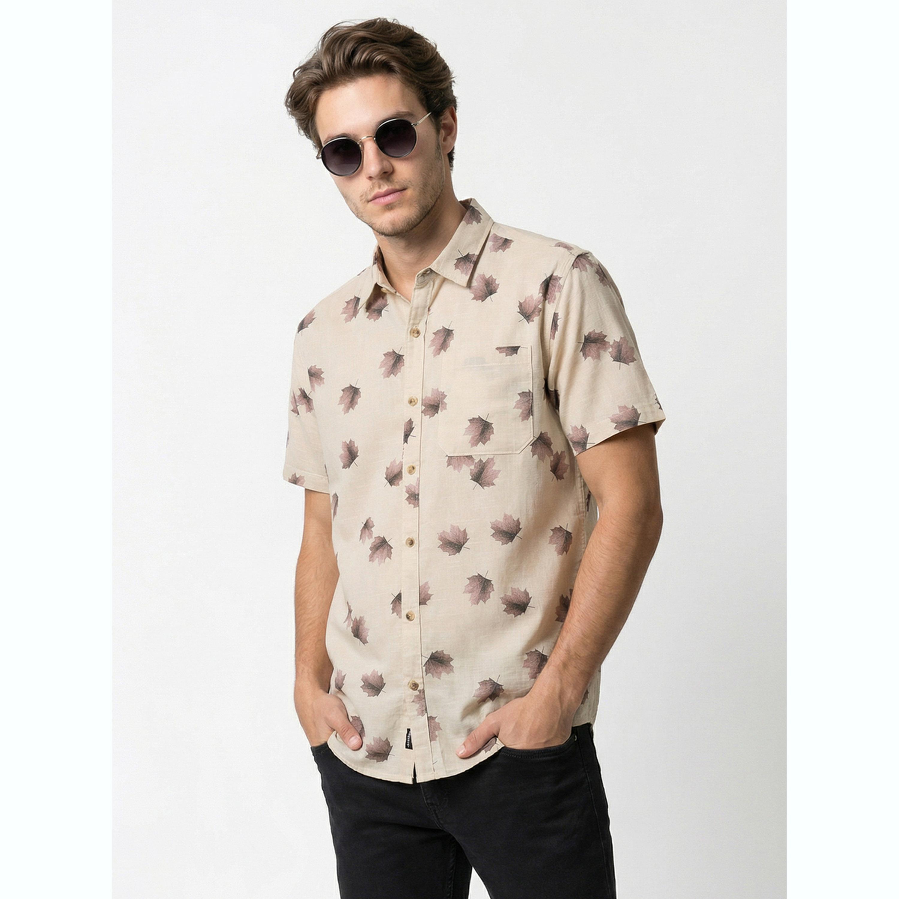 Take Two Men Leaf Print Short Sleeve Shirt-men-clothing-shirts-image-1
