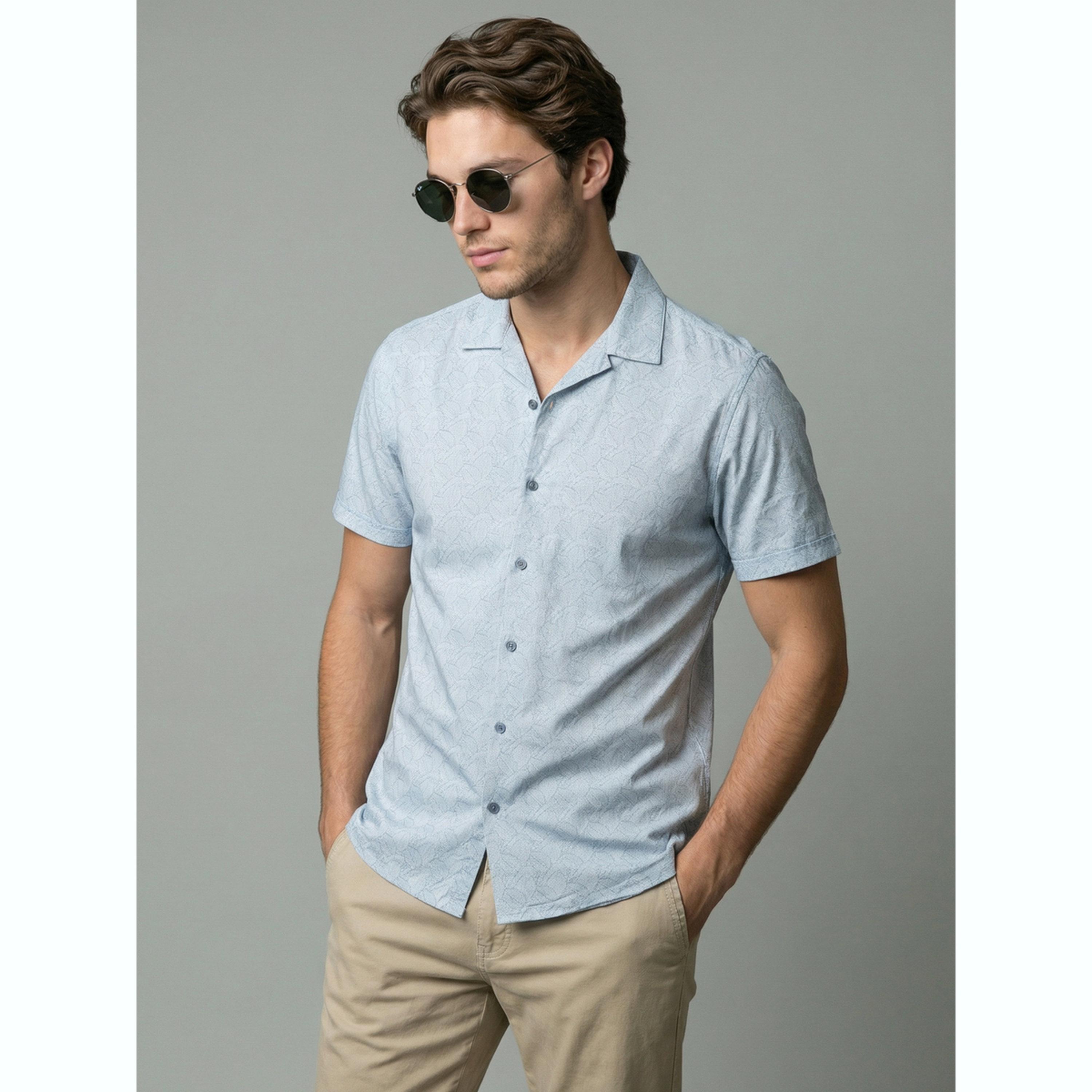قميص أزرق فاتح مطبوع بياقة كوبية-men-clothing-shirts-image-1
