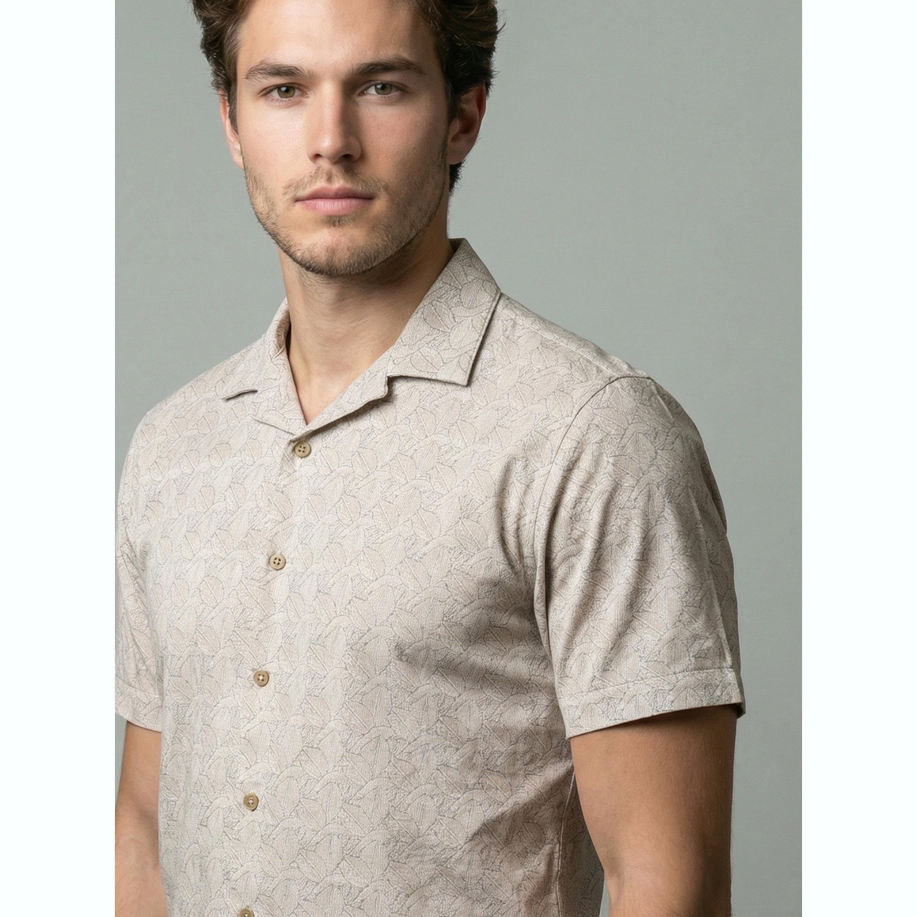 قميص بيج مطبوع بأكمام قصيرة وياقة كوبية-men-clothing-shirts-image-6