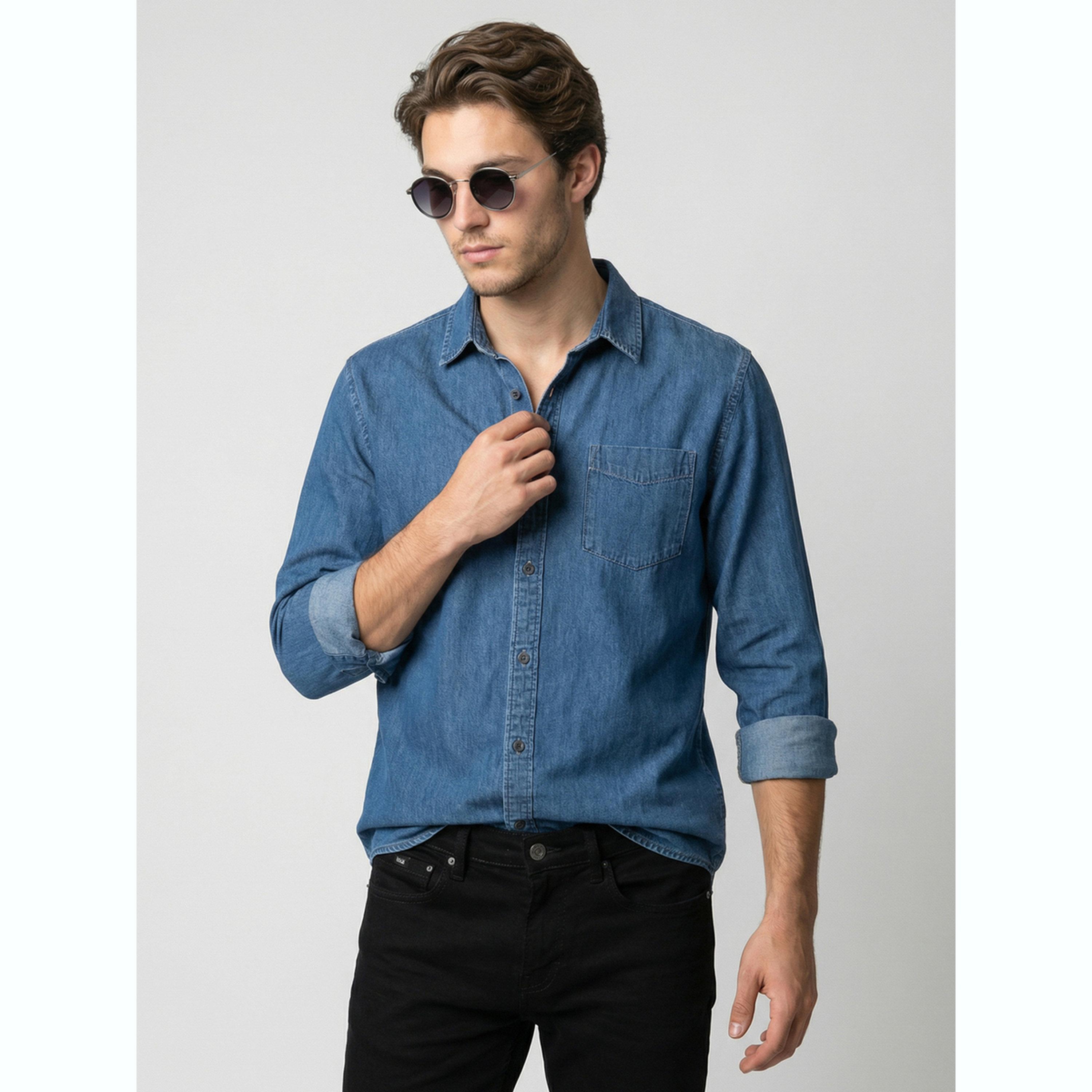 قميص دنيم رجالي أزرق بأكمام طويلة-men-clothing-shirts-image-1
