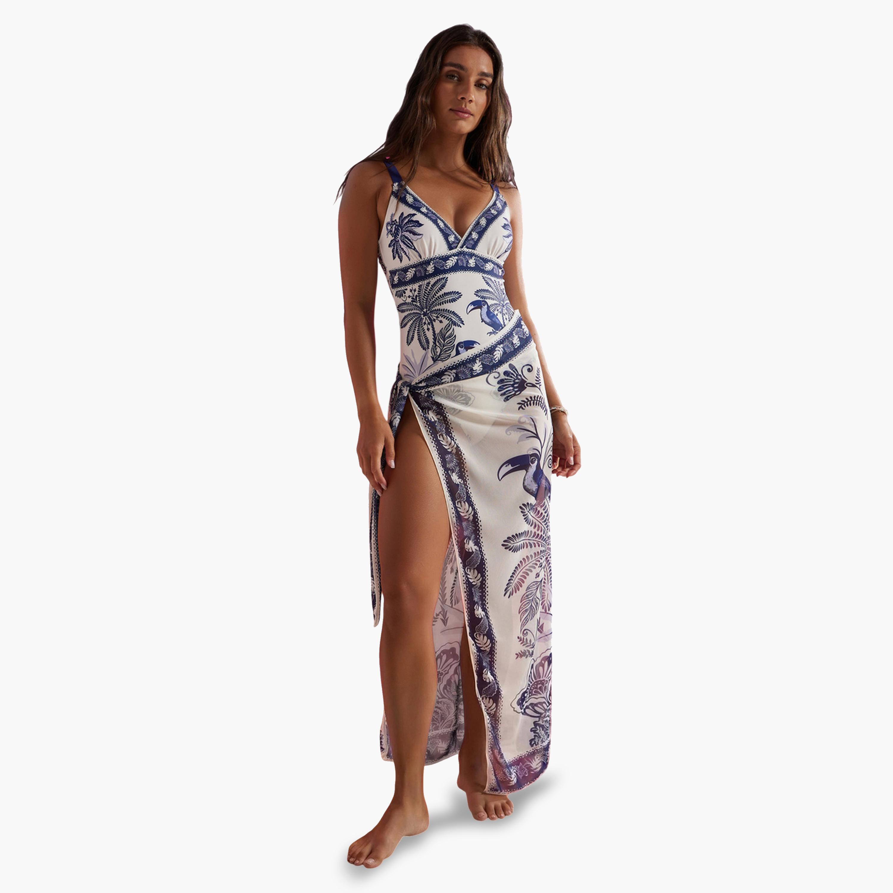 Styli Pack of 2 - Tropical Border Print V Neck Plunge Swimsuit and Tie Waist Sarong-women-clothing-swimandbeach-swim-swimsuits-image-1