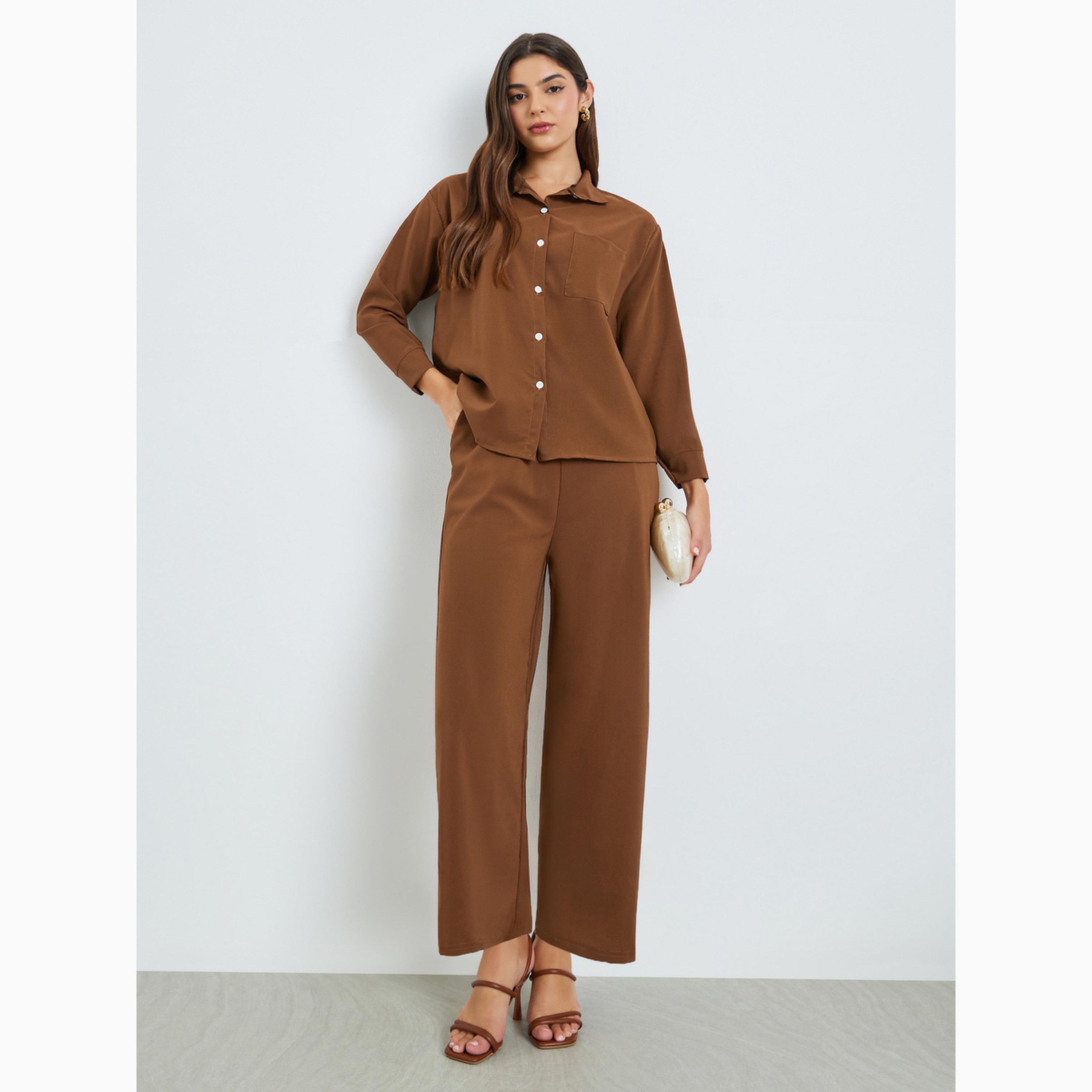 Amirah X Styli Brown Solid Shirt and Trousers Set-women-arabicclothing-sets-image-1