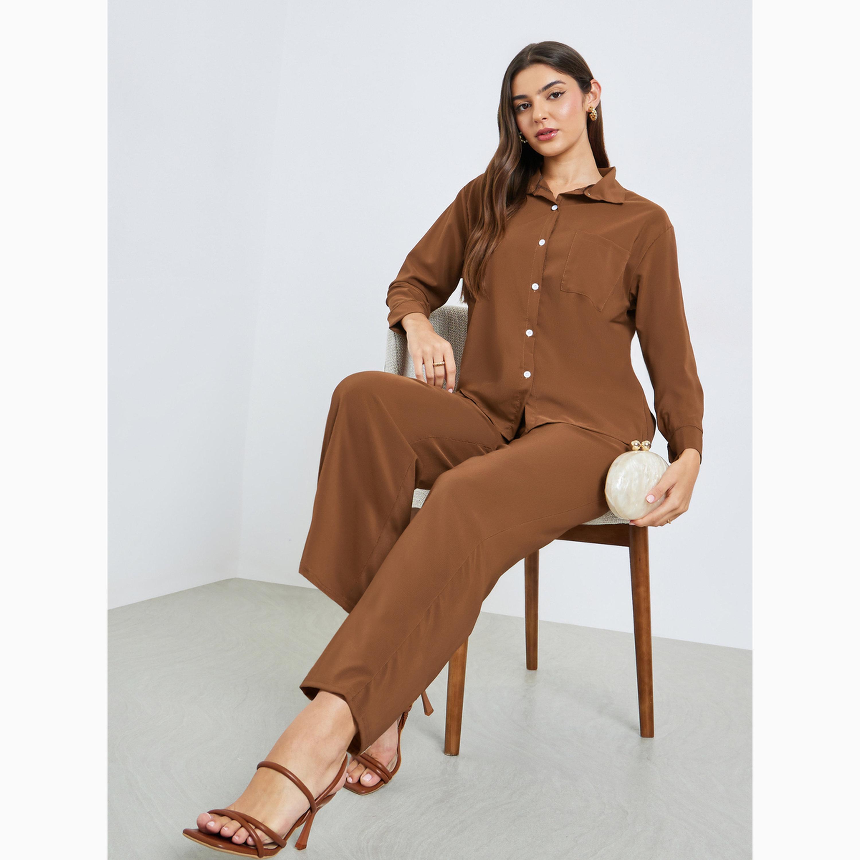 Amirah X Styli Brown Solid Shirt and Trousers Set-women-arabicclothing-sets-image-2