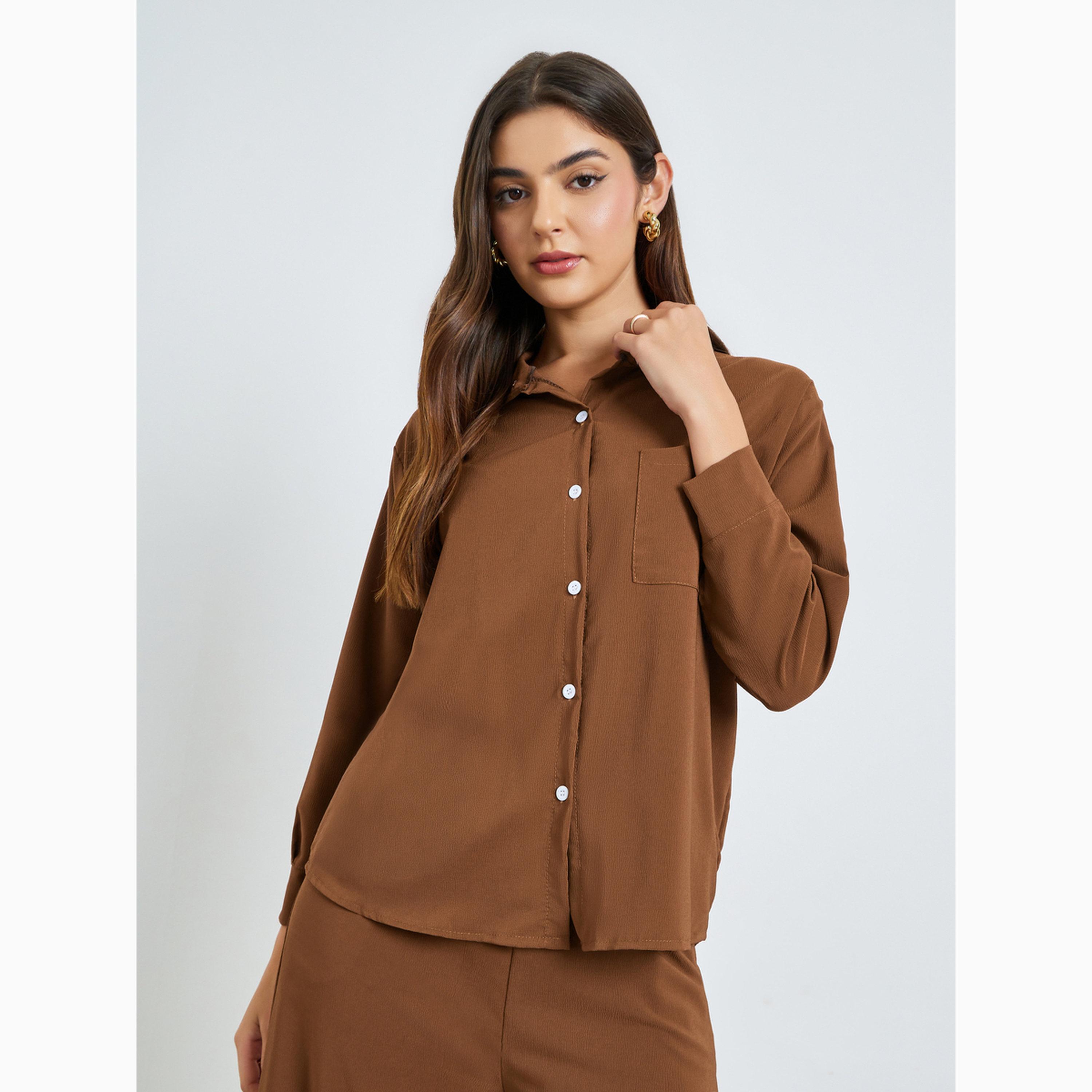 Amirah X Styli Brown Solid Shirt and Trousers Set-women-arabicclothing-sets-image-3