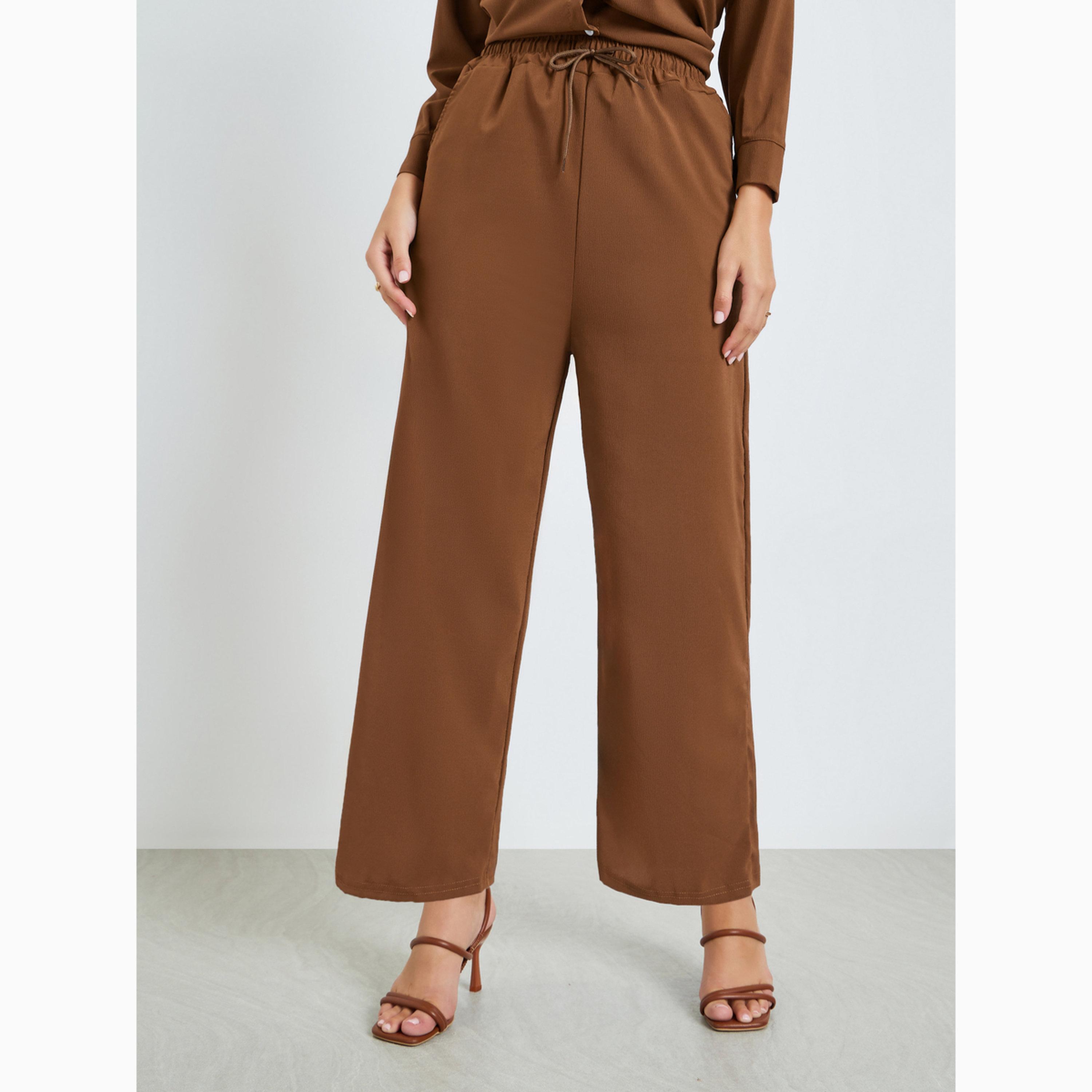 Amirah X Styli Brown Solid Shirt and Trousers Set-women-arabicclothing-sets-image-5