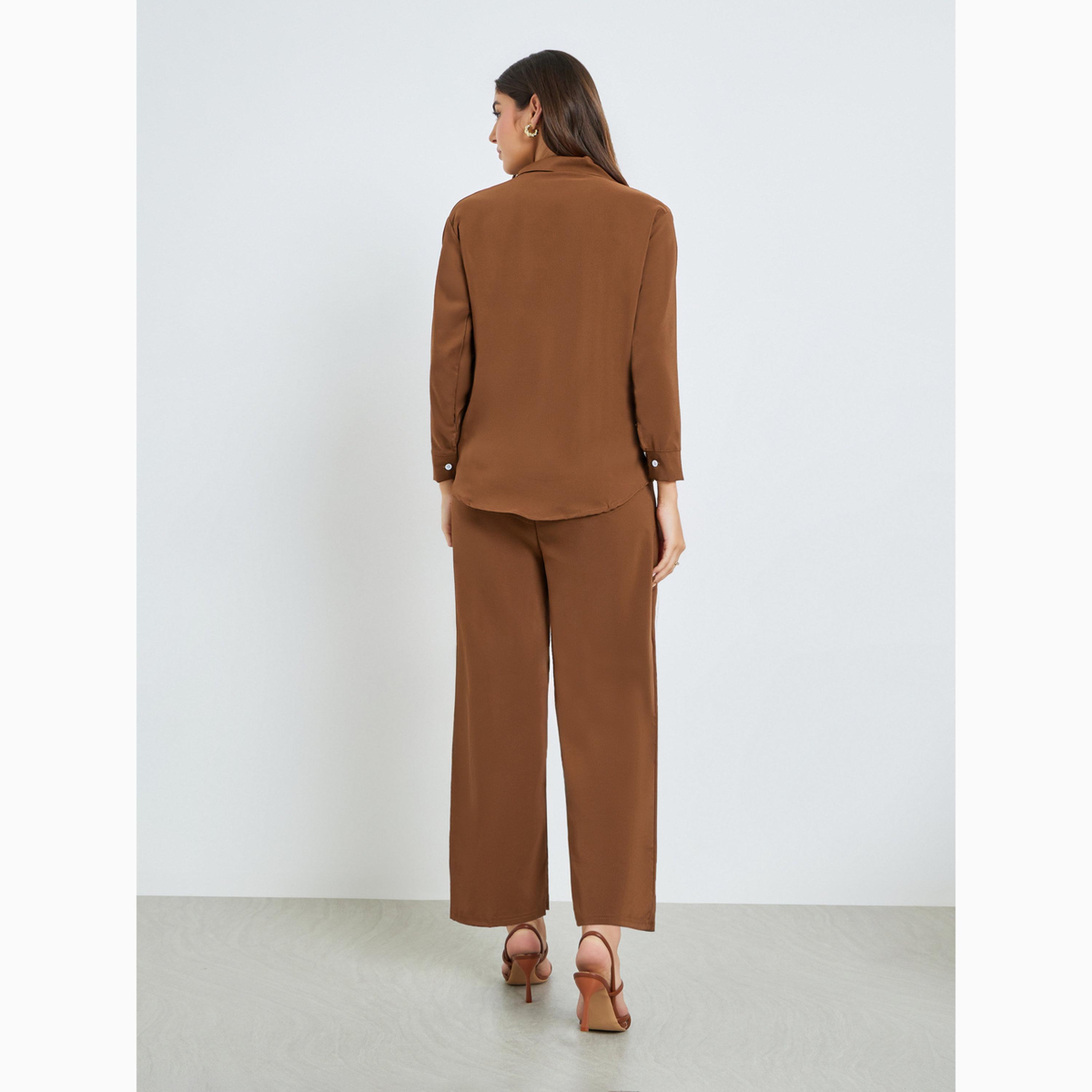 Amirah X Styli Brown Solid Shirt and Trousers Set-women-arabicclothing-sets-image-6