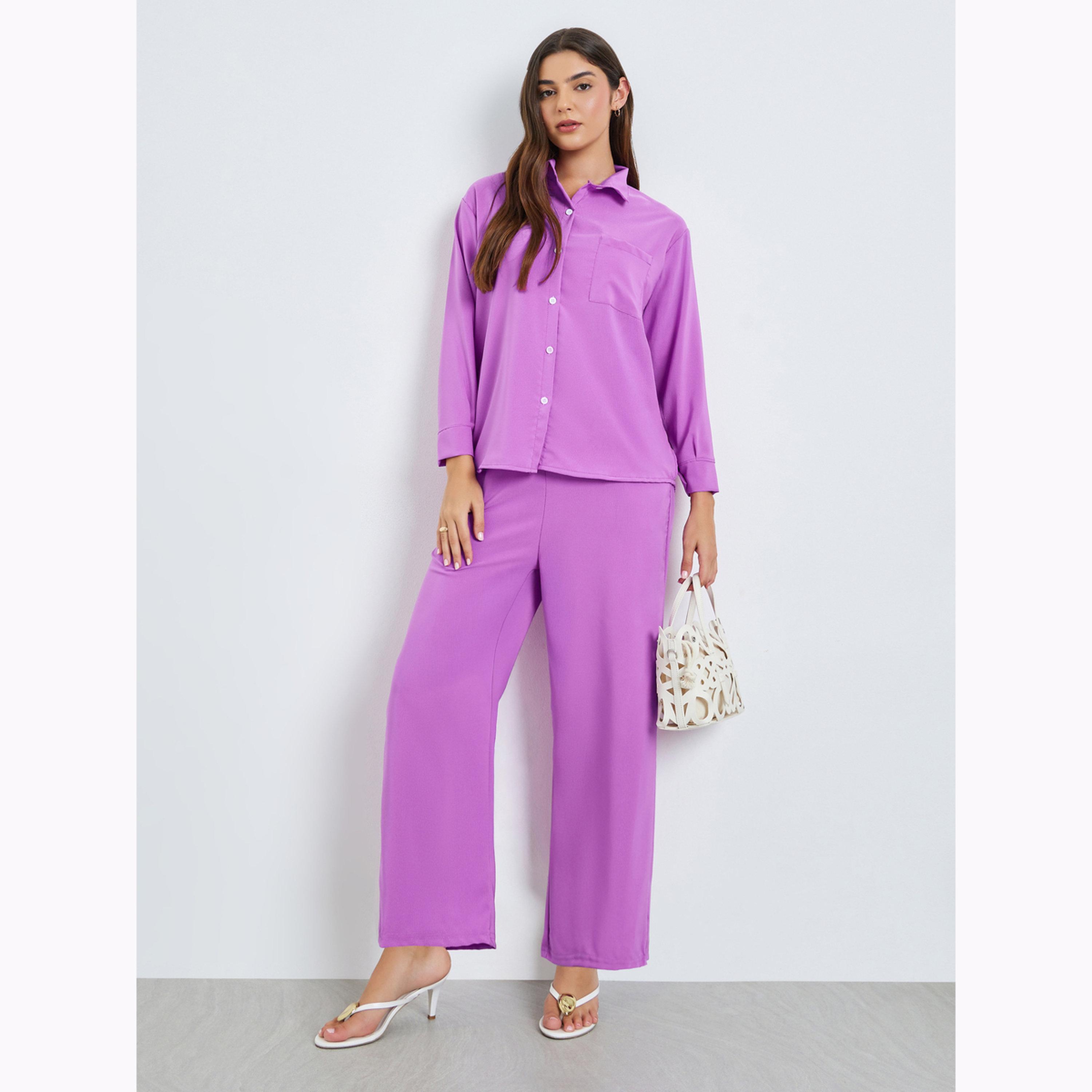 Amirah X Styli Purple Solid Shirt and Trousers Set-women-arabicclothing-sets-image-1