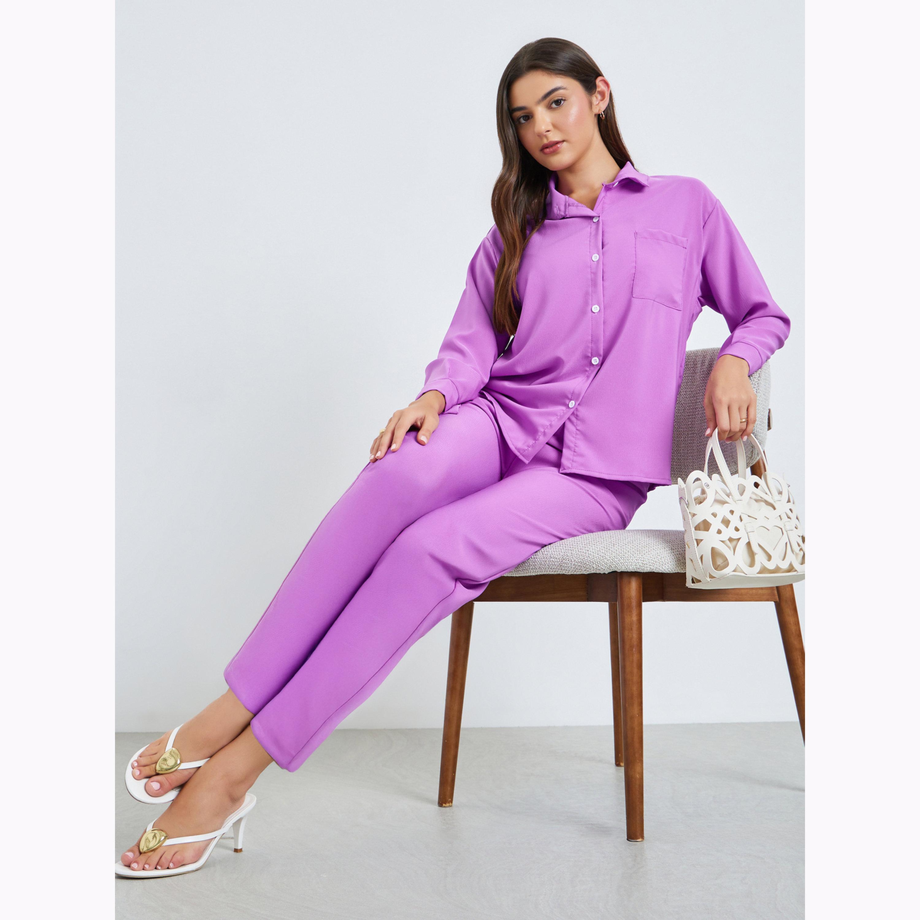 طقم منسق من بنطال وبلوزة سادة-women-arabicclothing-sets-image-2