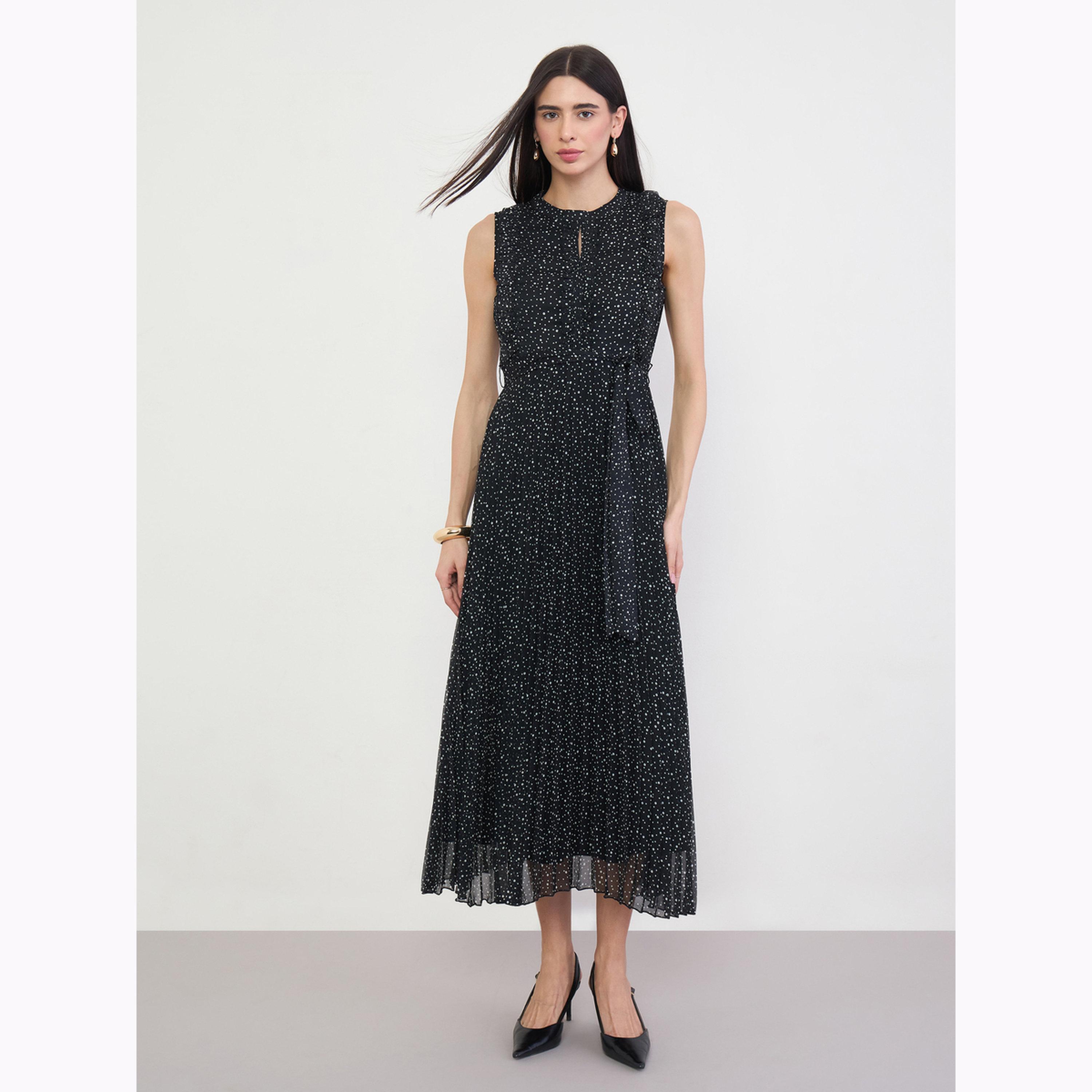 Styli Black Spot Pleated Midi Dress-women-clothing-dresses-image-1