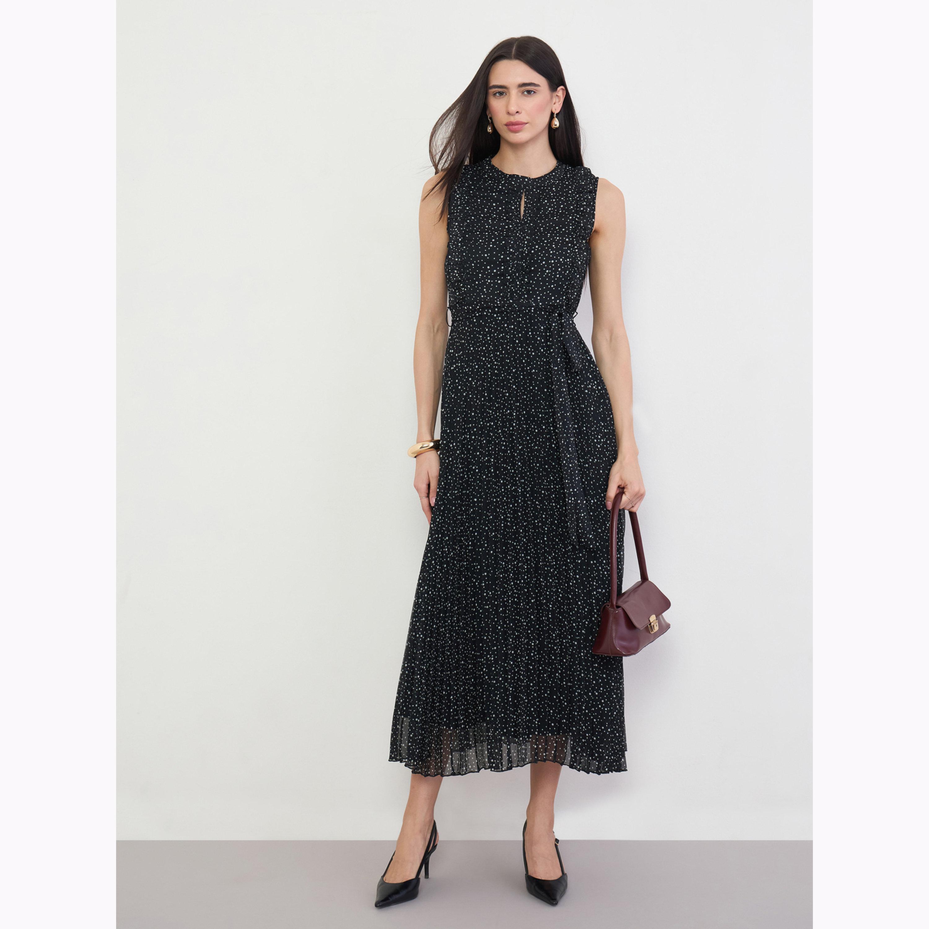 Styli Black Spot Pleated Midi Dress-women-clothing-dresses-image-2