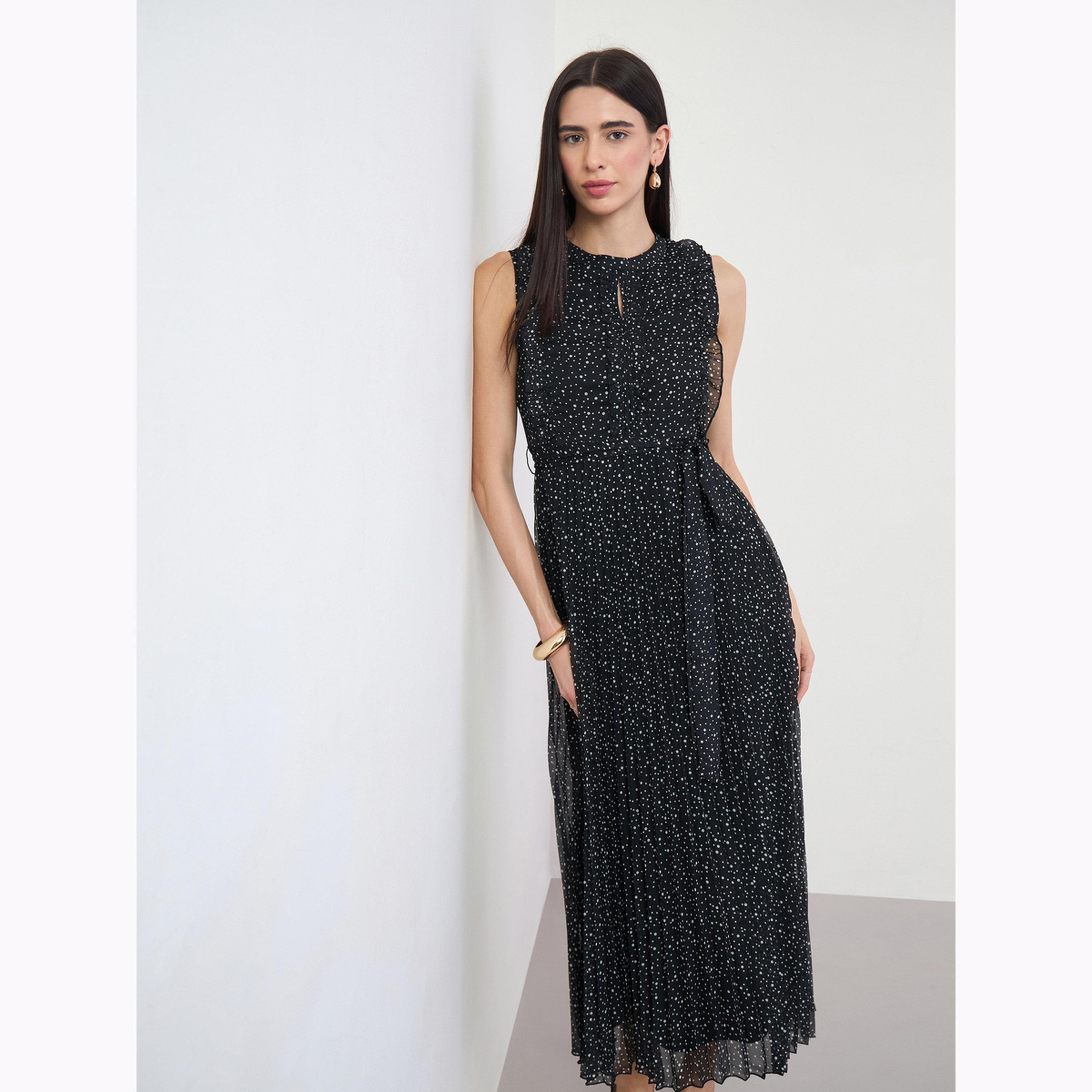 Styli Black Spot Pleated Midi Dress-women-clothing-dresses-image-3