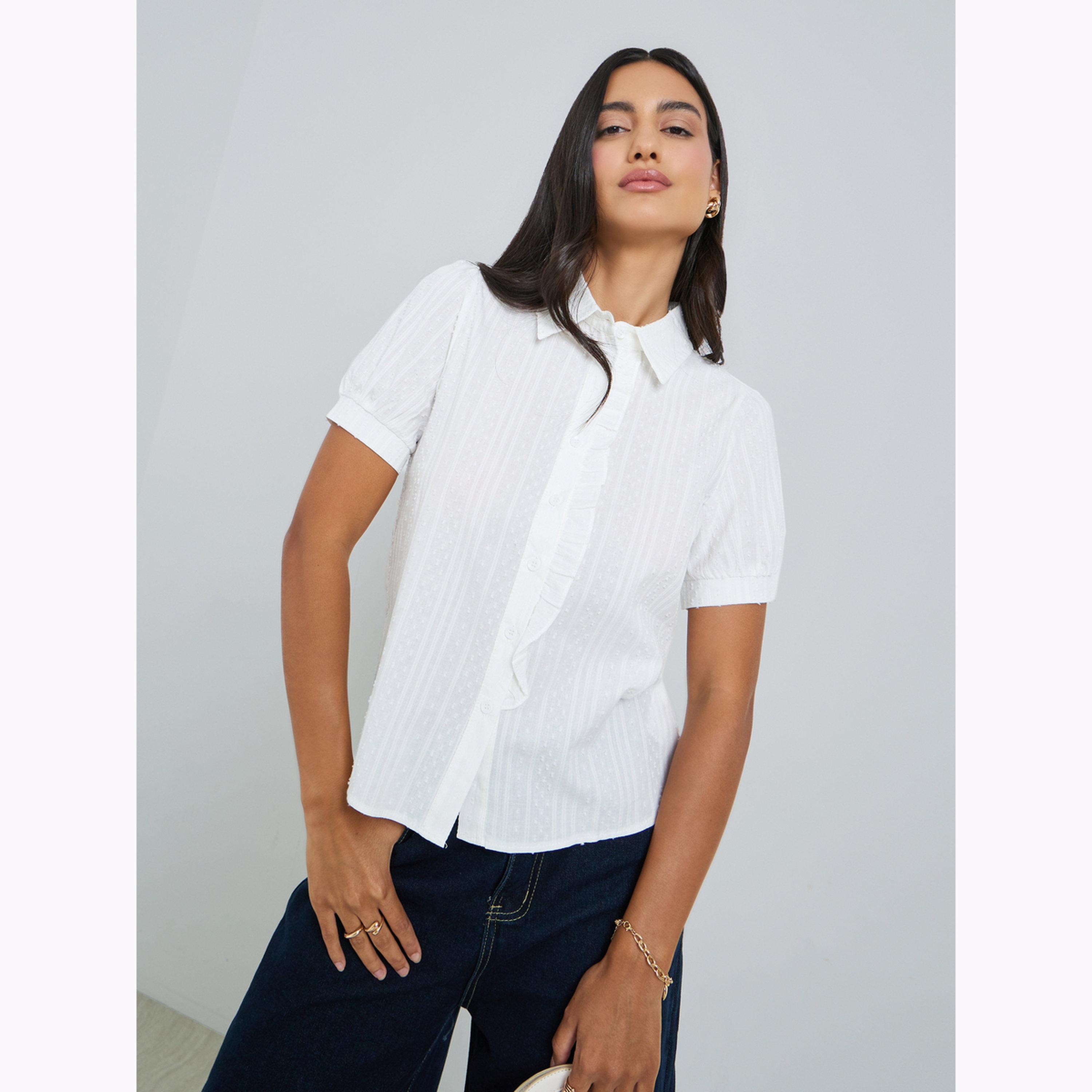 بلوزة دوبي بكشكش أمامي أبيض-women-clothing-shirtsandblouses-shirts-image-1