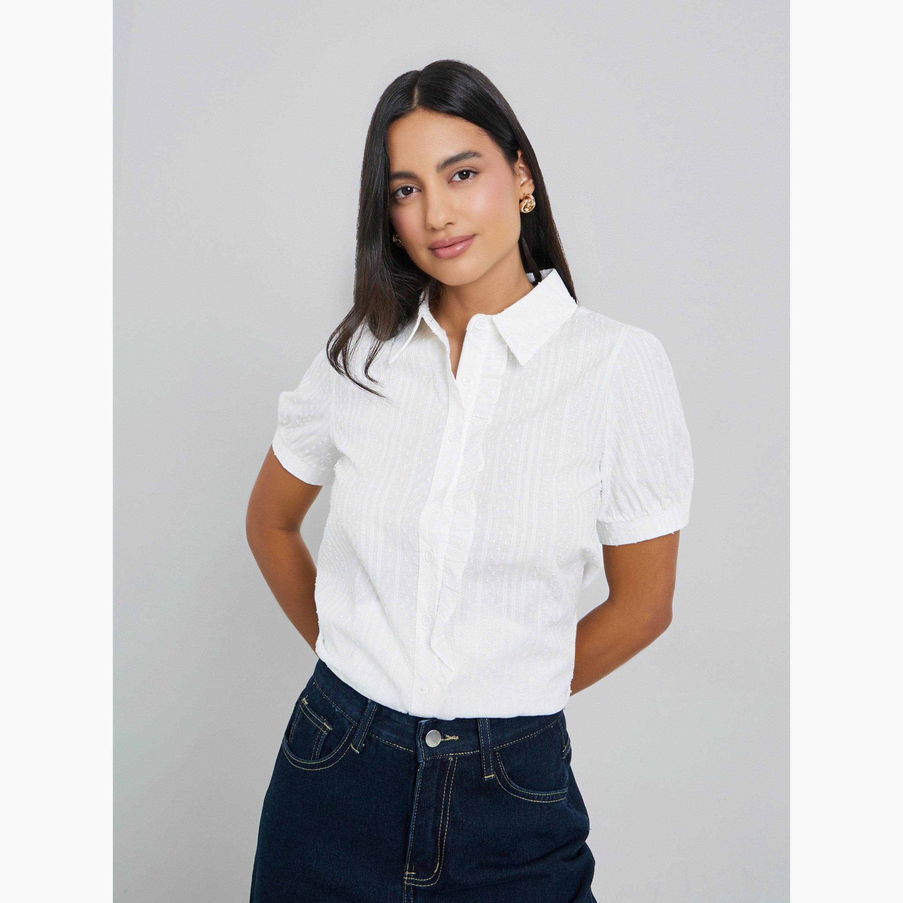 Styli White Ruffle Front Dobby Shirt-women-clothing-shirtsandblouses-shirts-image-3