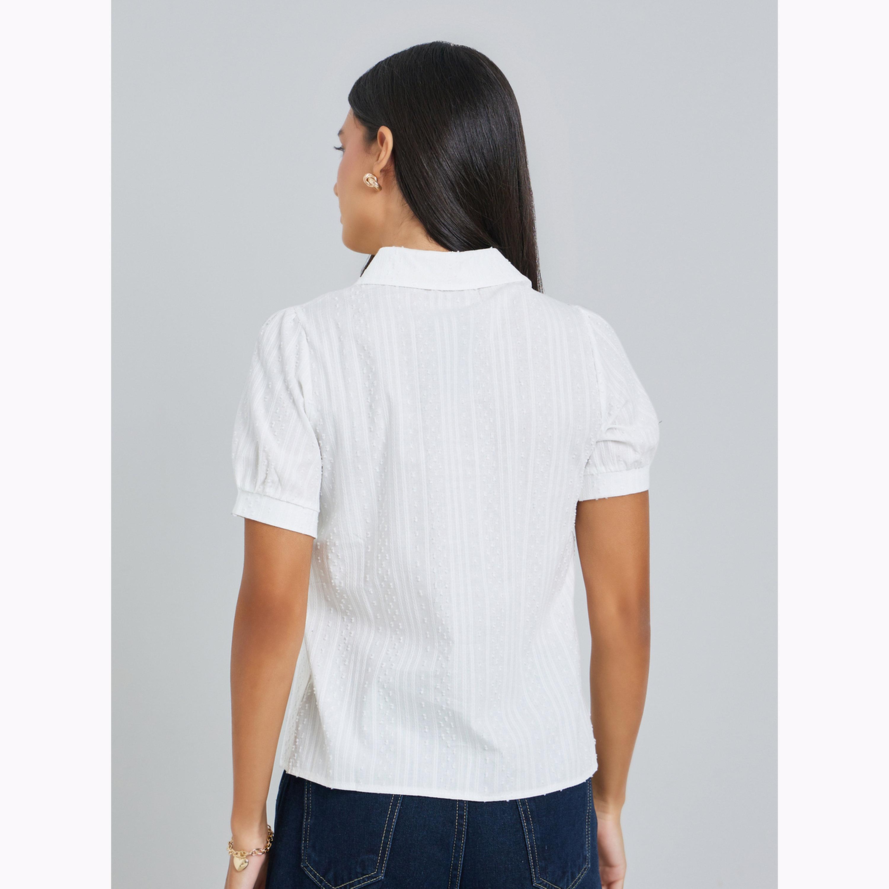 Styli White Ruffle Front Dobby Shirt-women-clothing-shirtsandblouses-shirts-image-4