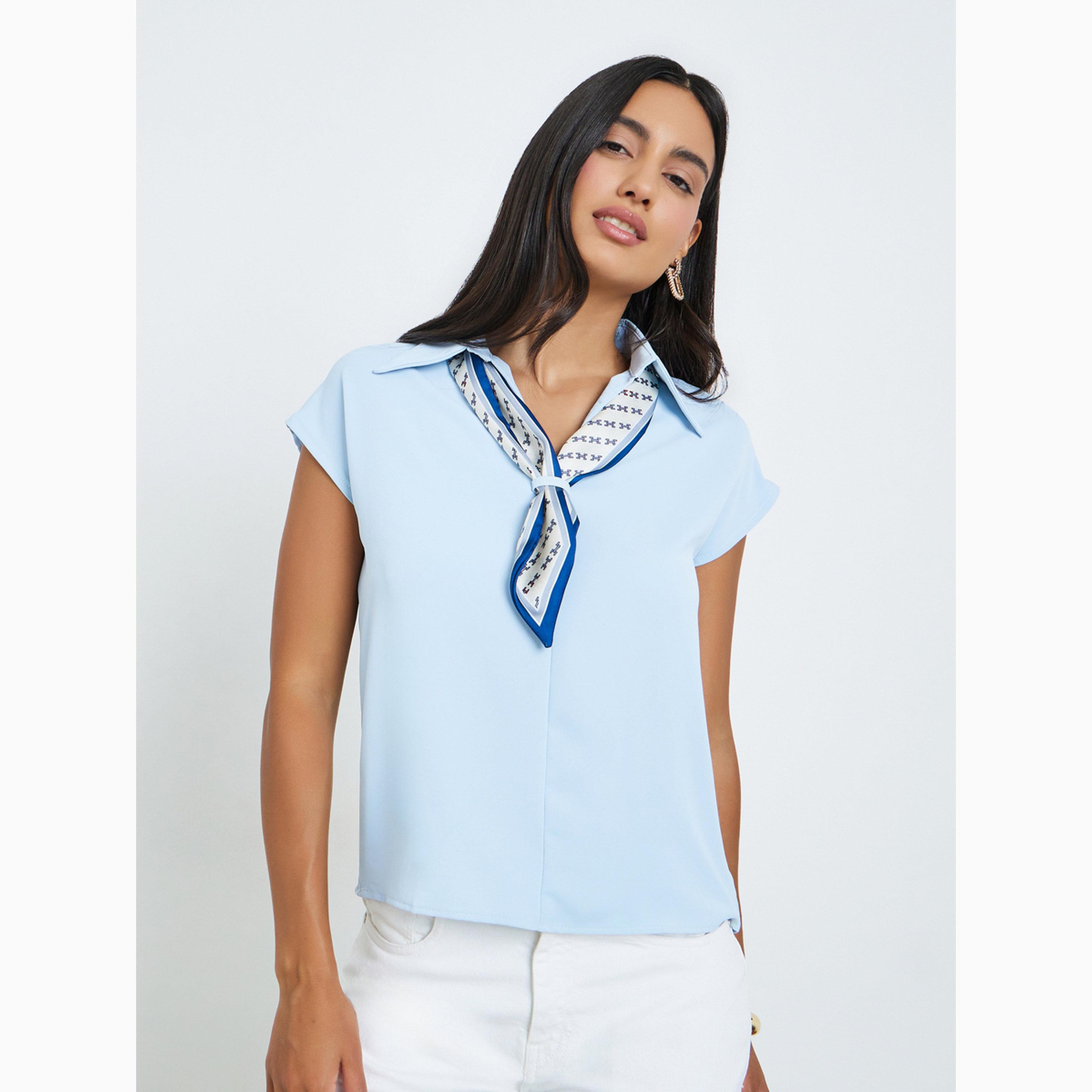 بلوزة بأكمام قصيرة ورباط ياقة أزرق-women-clothing-shirtsandblouses-shirts-image-1