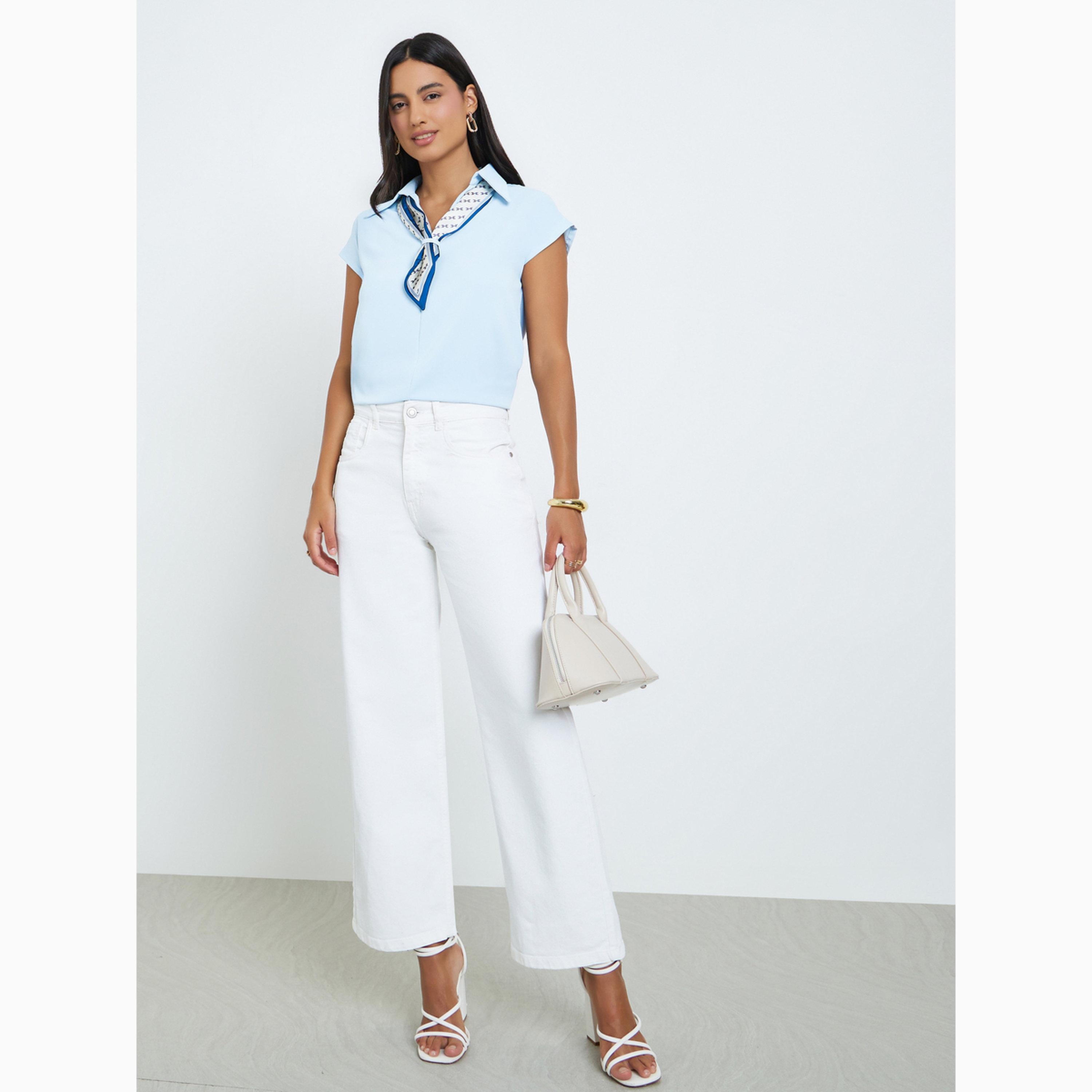 بلوزة بأكمام قصيرة ورباط ياقة أزرق-women-clothing-shirtsandblouses-shirts-image-2