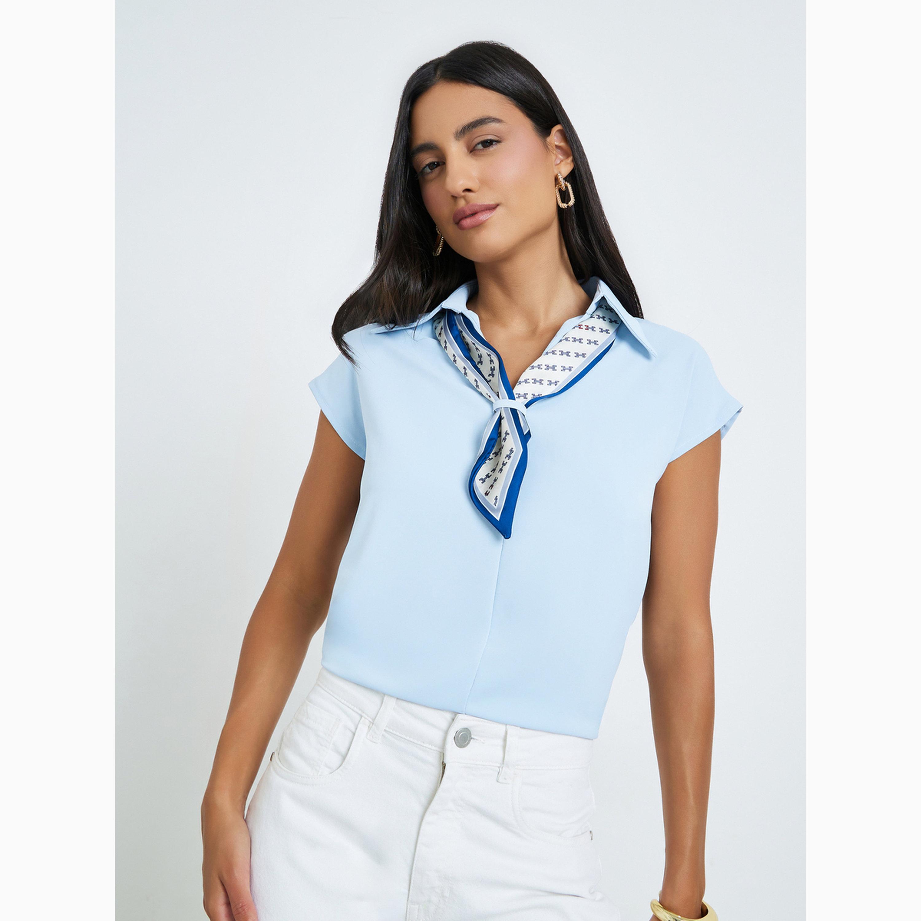 Styli Blue Short Sleeve Shirt with Neck Tie-women-clothing-shirtsandblouses-shirts-image-5