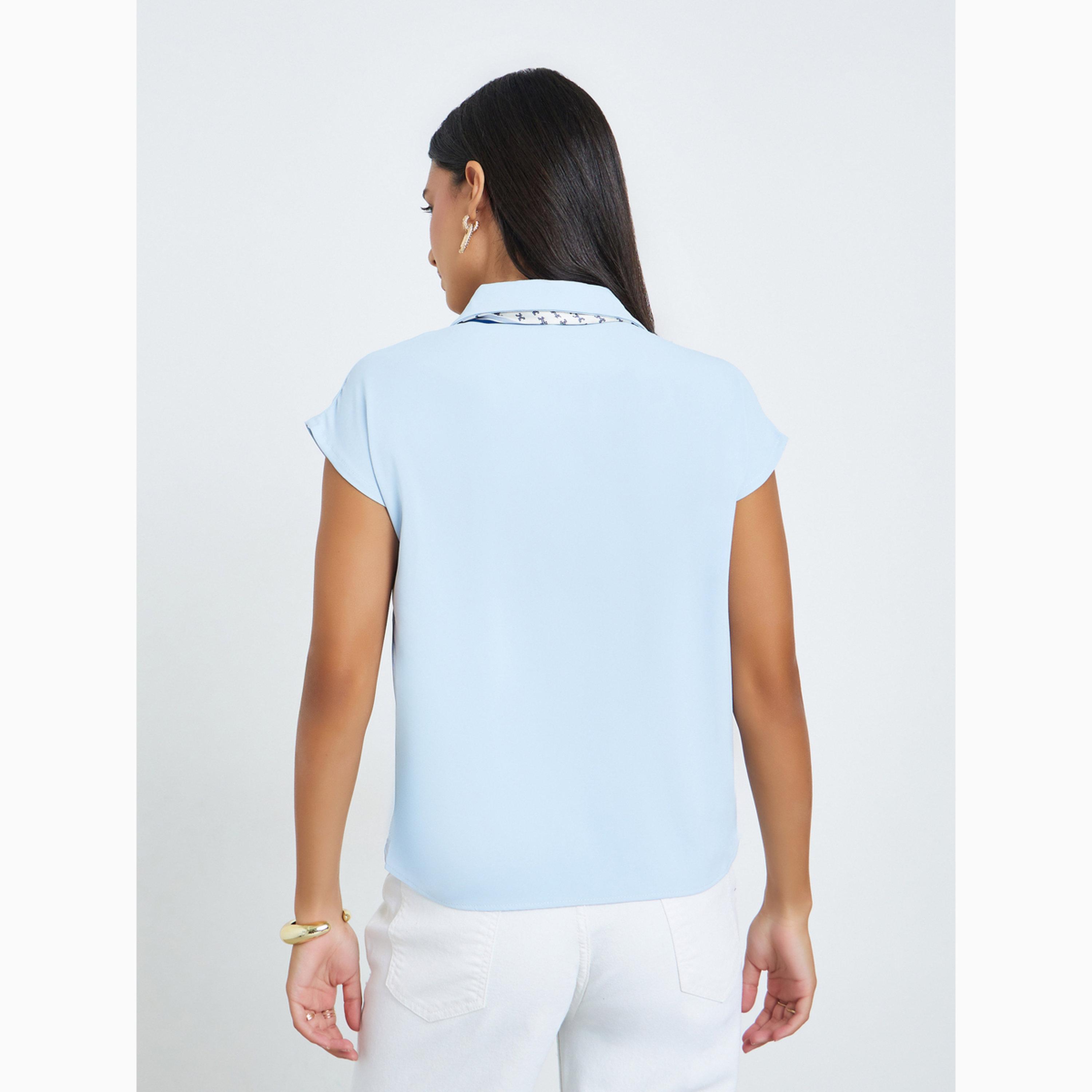 Styli Blue Short Sleeve Shirt with Neck Tie-women-clothing-shirtsandblouses-shirts-image-6