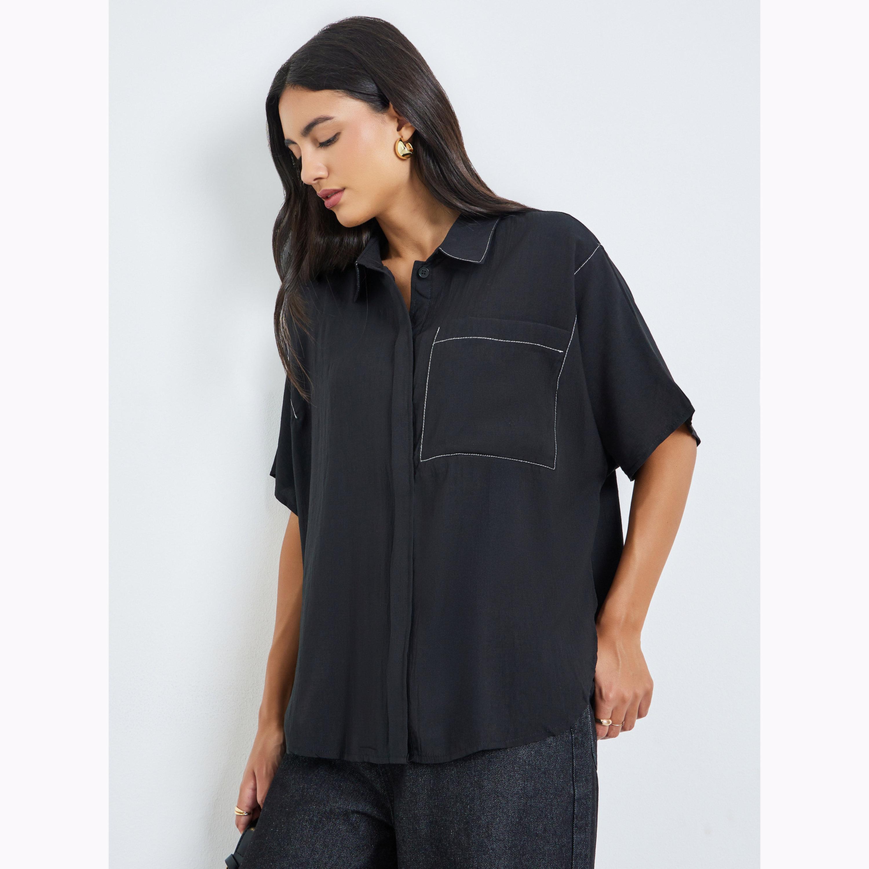 Styli Black Solid Oversized Casual Shirt-women-clothing-shirtsandblouses-shirts-image-1