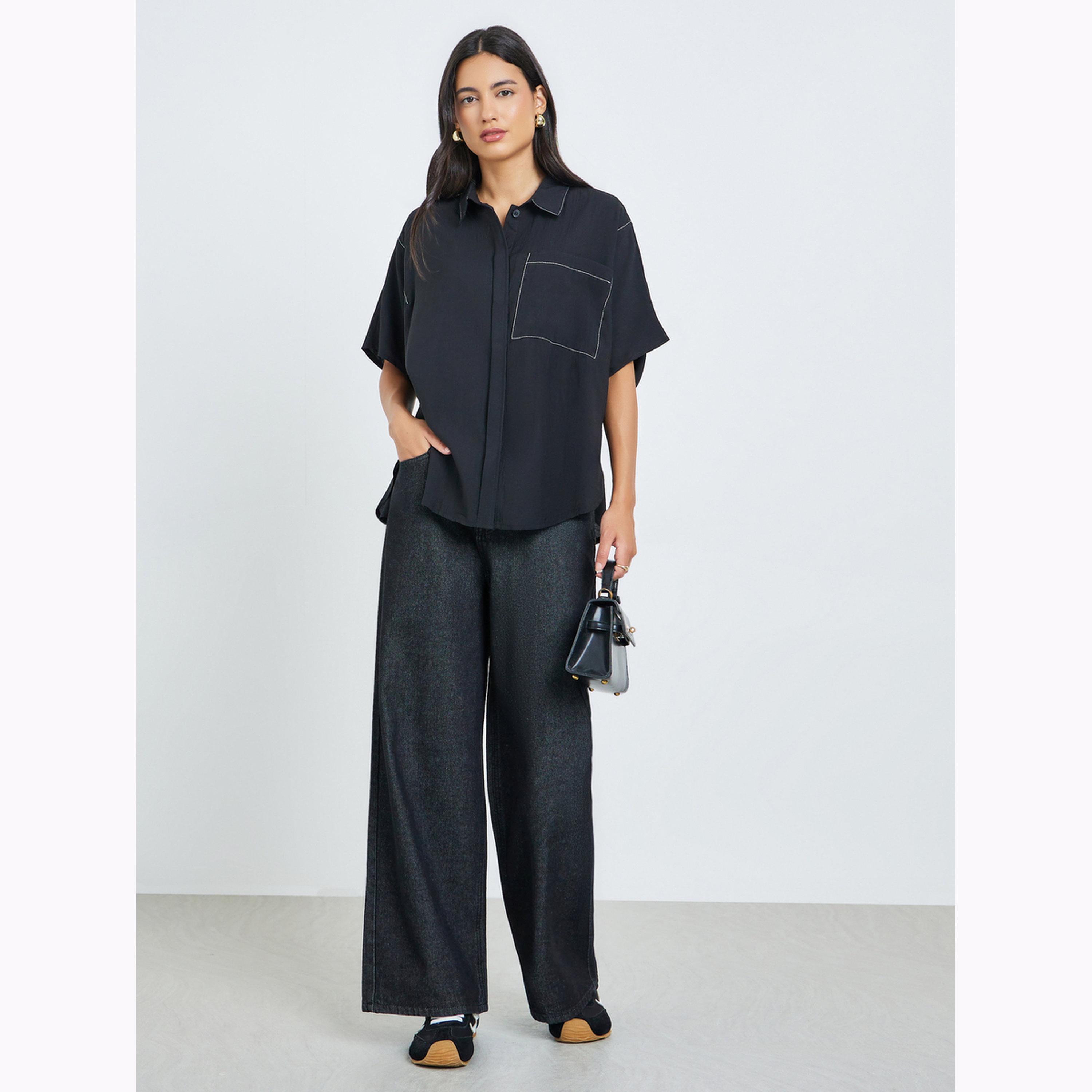 بلوزة كاجوال فضفاضة بلون أسود-women-clothing-shirtsandblouses-shirts-image-2