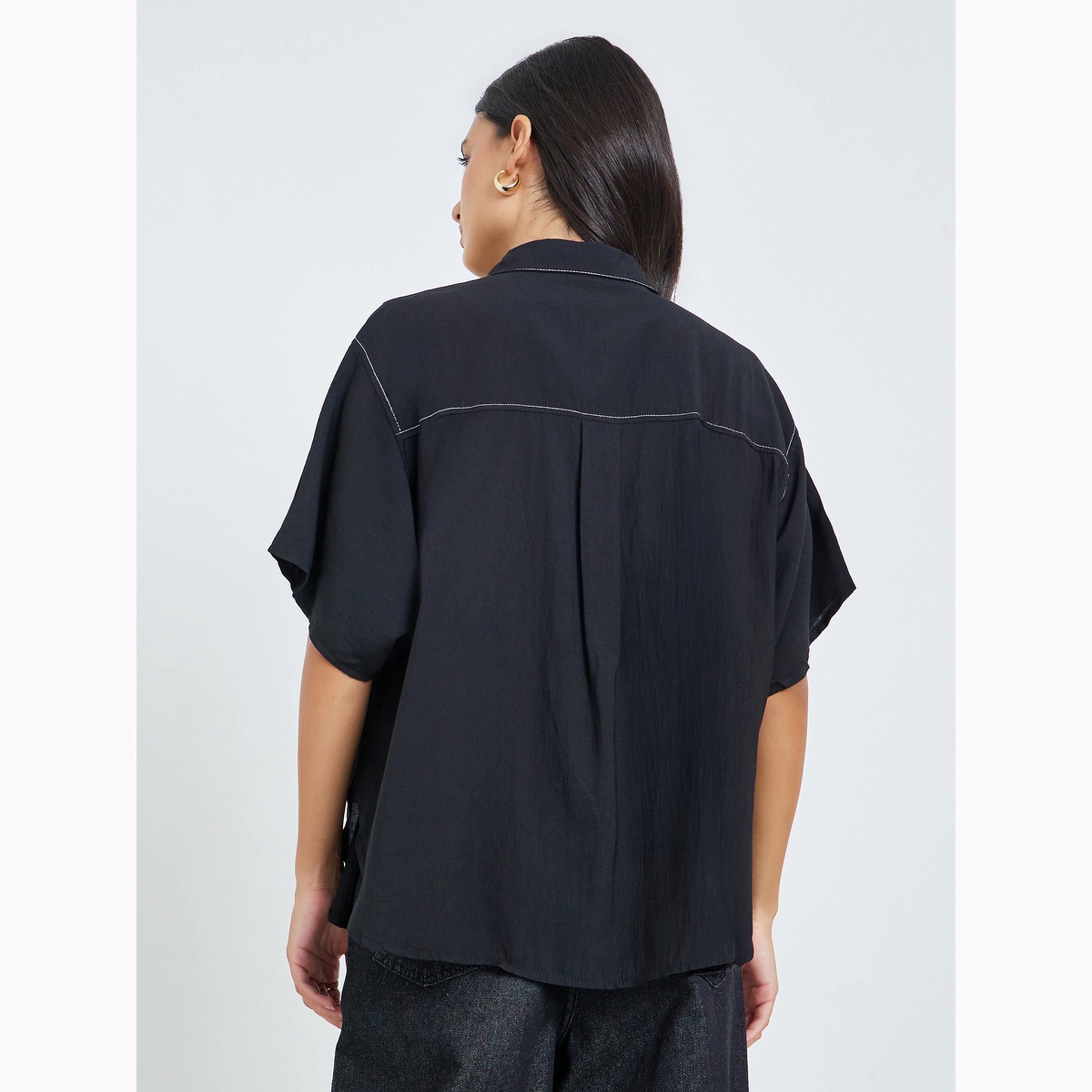 Styli Black Solid Oversized Casual Shirt-women-clothing-shirtsandblouses-shirts-image-3