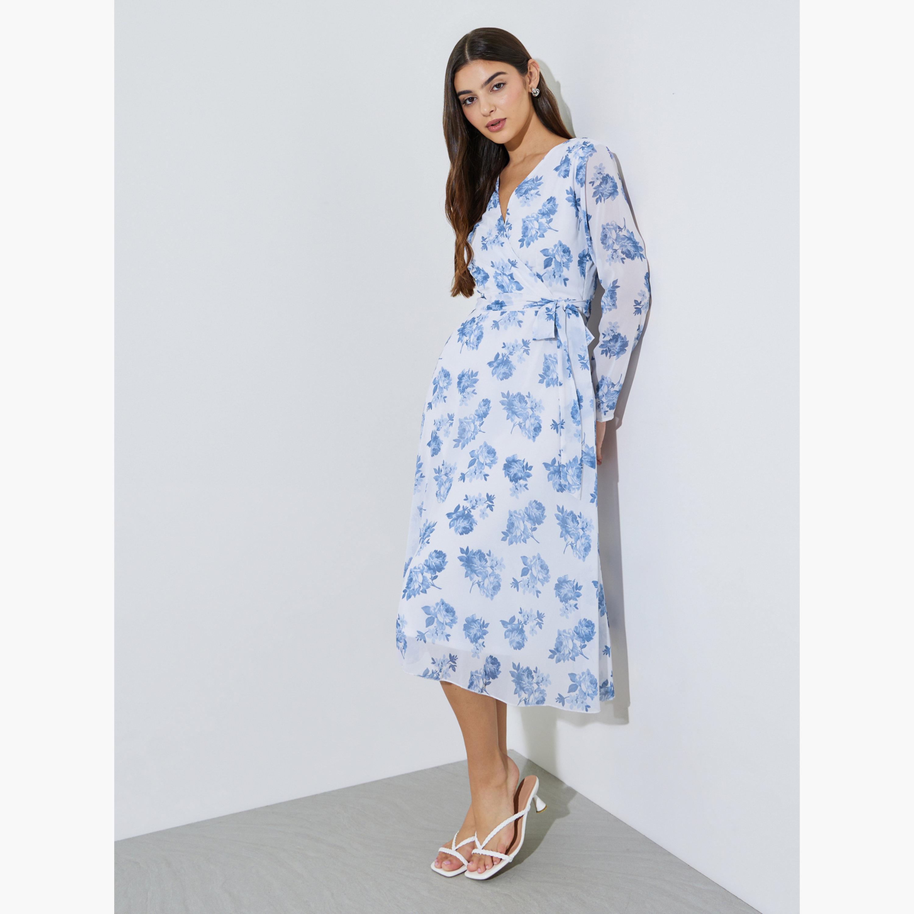 Styli Floral Wrap Midi Dress with Tie-Belt-women-clothing-dresses-image-2