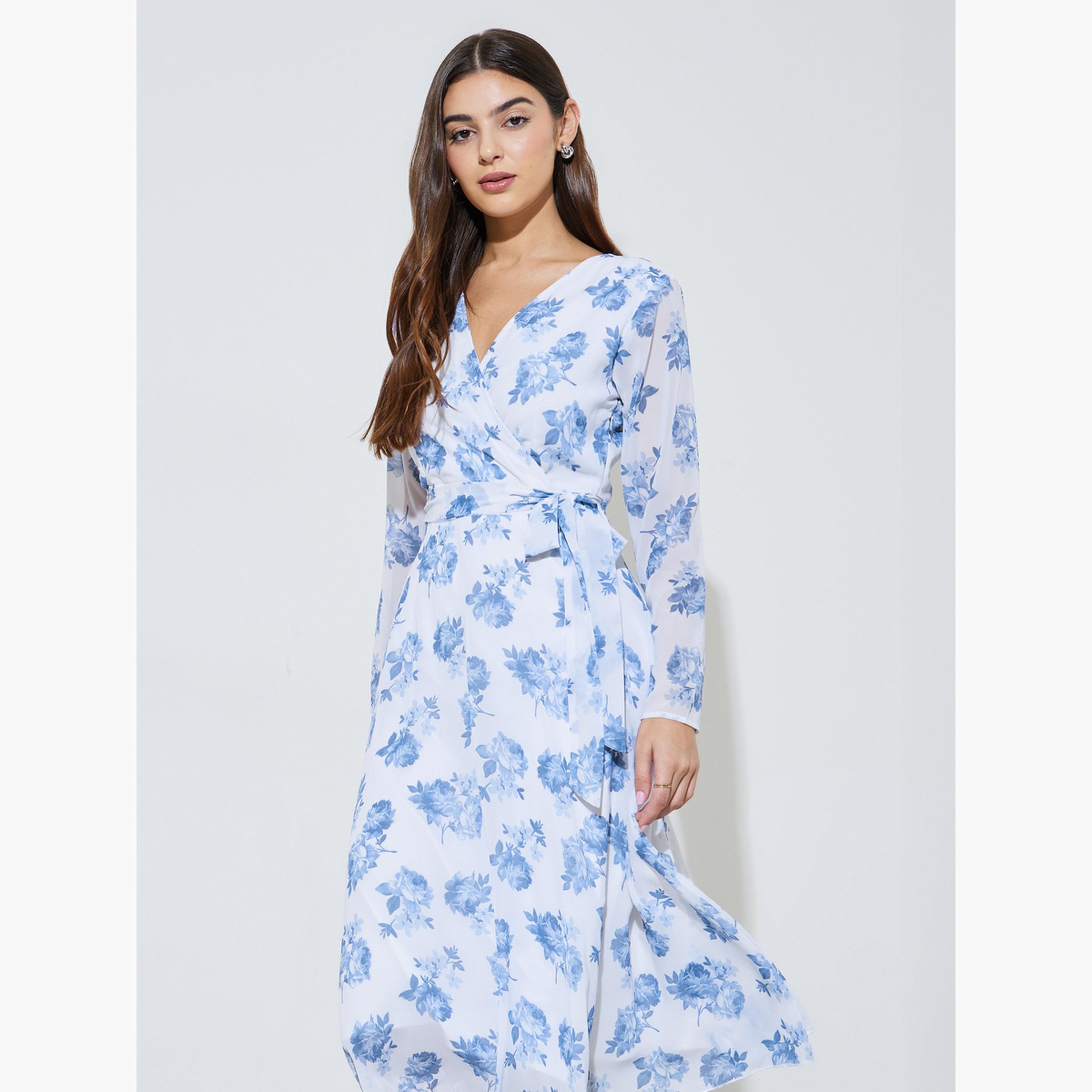 ستايلي - فستان ميدي ملفوف مزين بالزهور مع حزام ربط-women-clothing-dresses-image-3