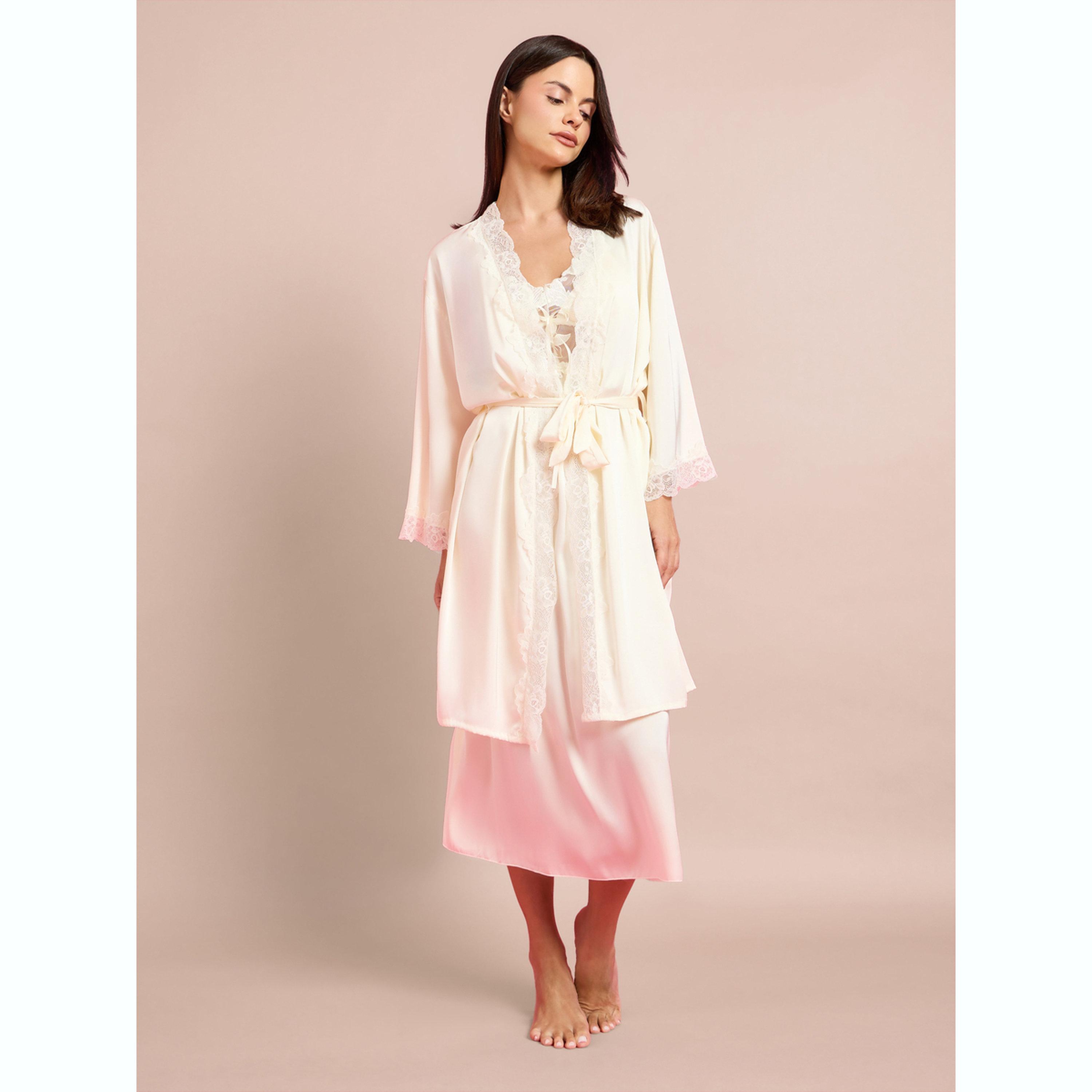 مجموعة من ثوب وروب ستان بتفاصيل دانتيل غيبور بطبعة أزهار - قطعتين-women-clothing-nightwear-nighties-image-1