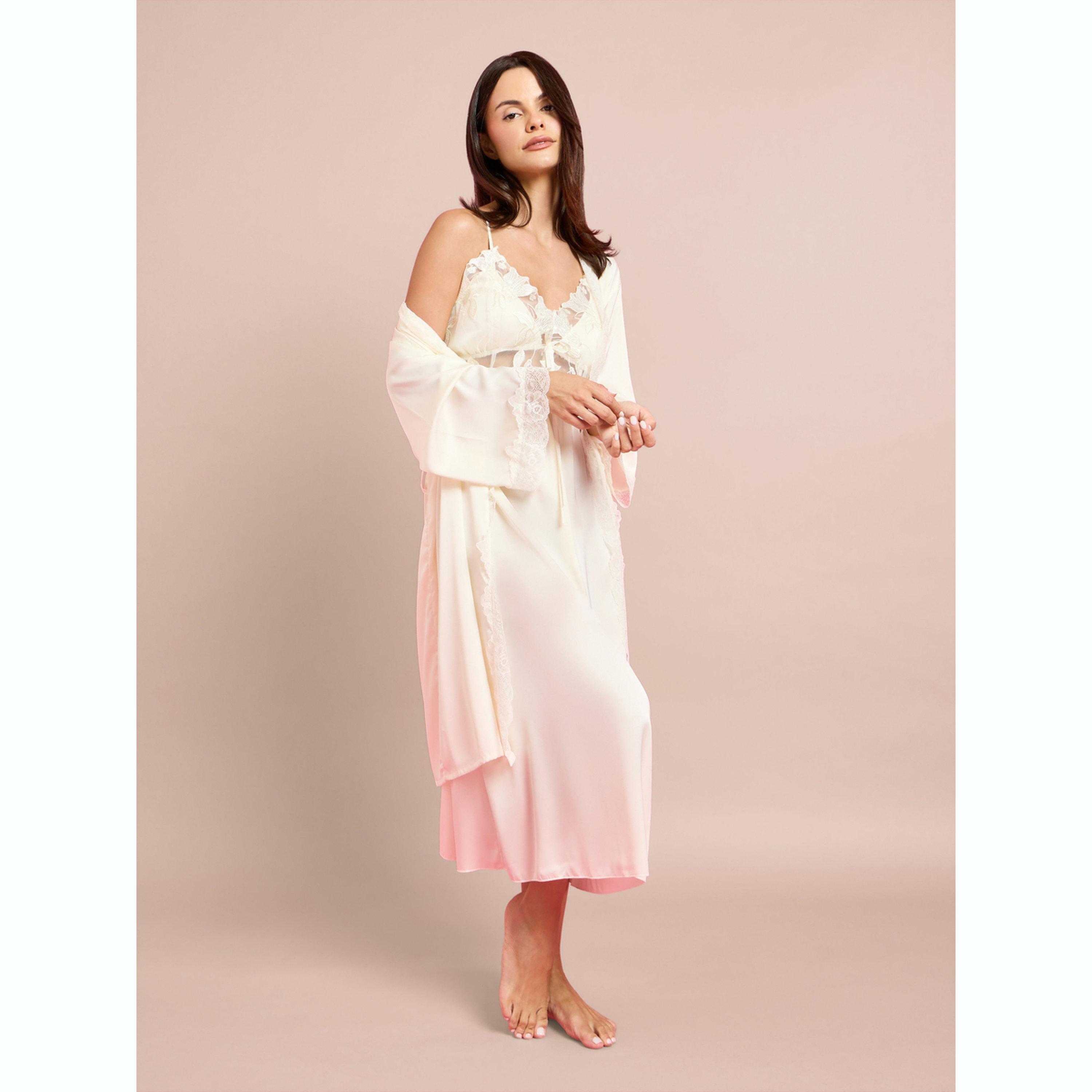مجموعة من ثوب وروب ستان بتفاصيل دانتيل غيبور بطبعة أزهار - قطعتين-women-clothing-nightwear-nighties-image-3