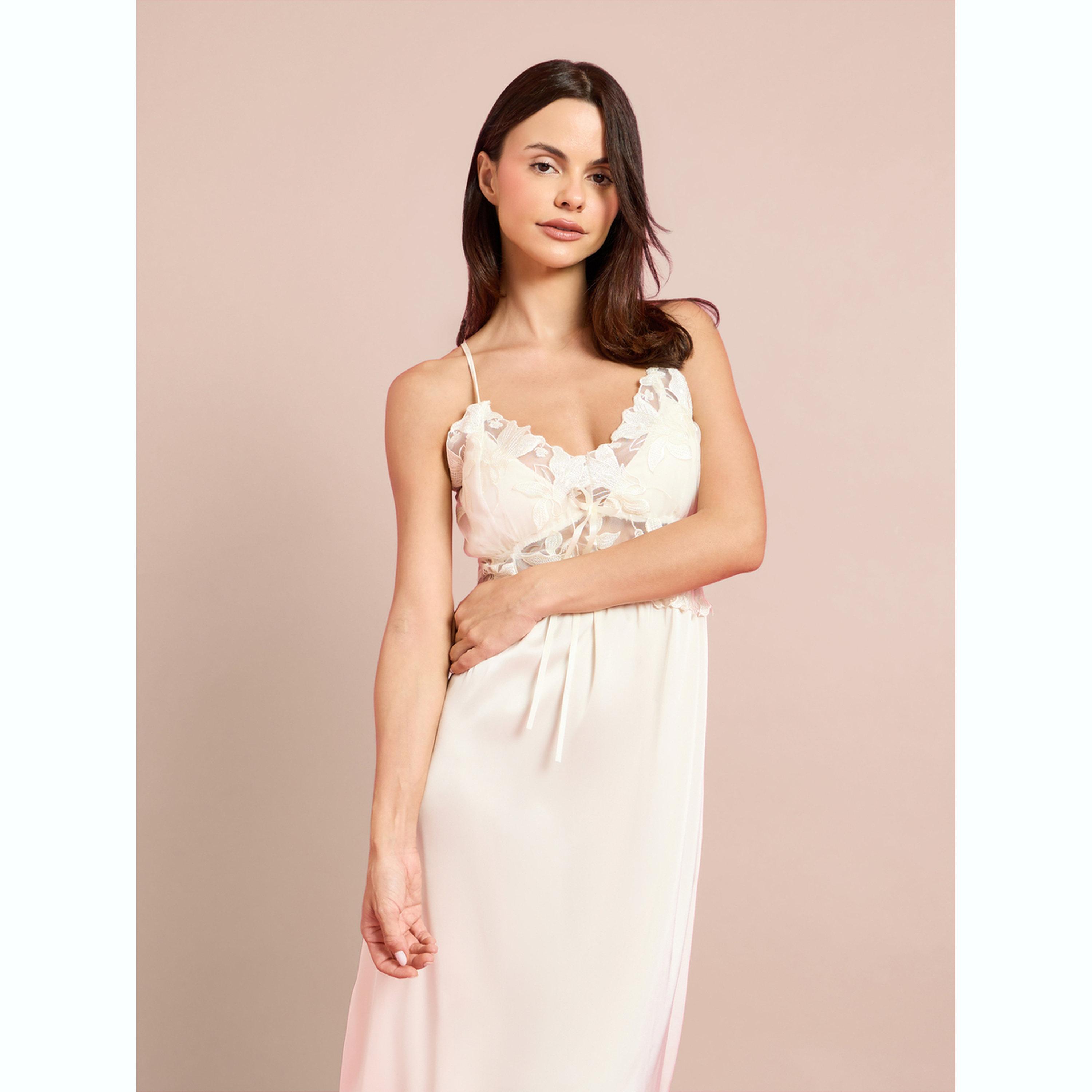 مجموعة من ثوب وروب ستان بتفاصيل دانتيل غيبور بطبعة أزهار - قطعتين-women-clothing-nightwear-nighties-image-4