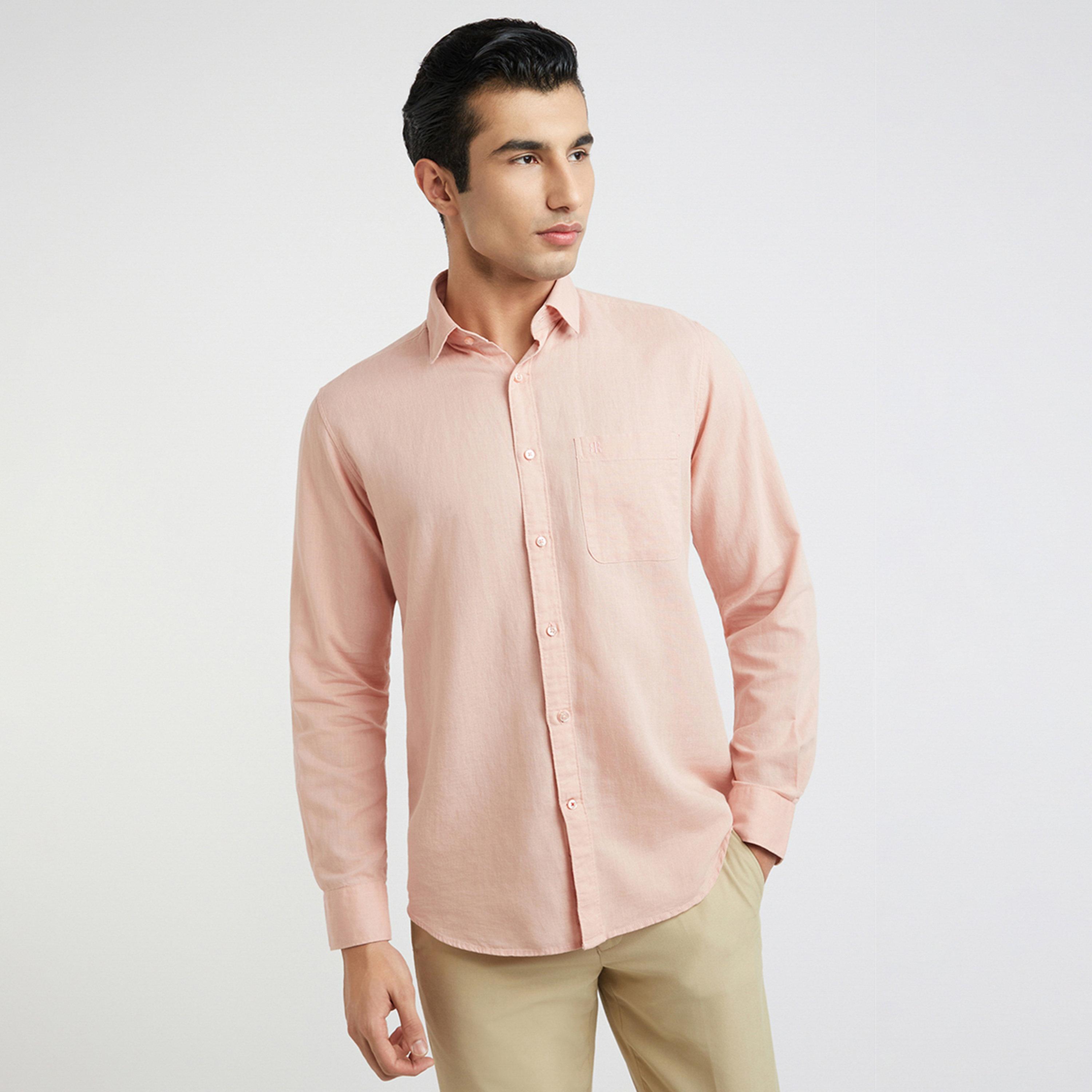 قميص رجالي سادة بأكمام طويلة وقصة ضيقة - خوخي-men-clothing-shirts-image-1