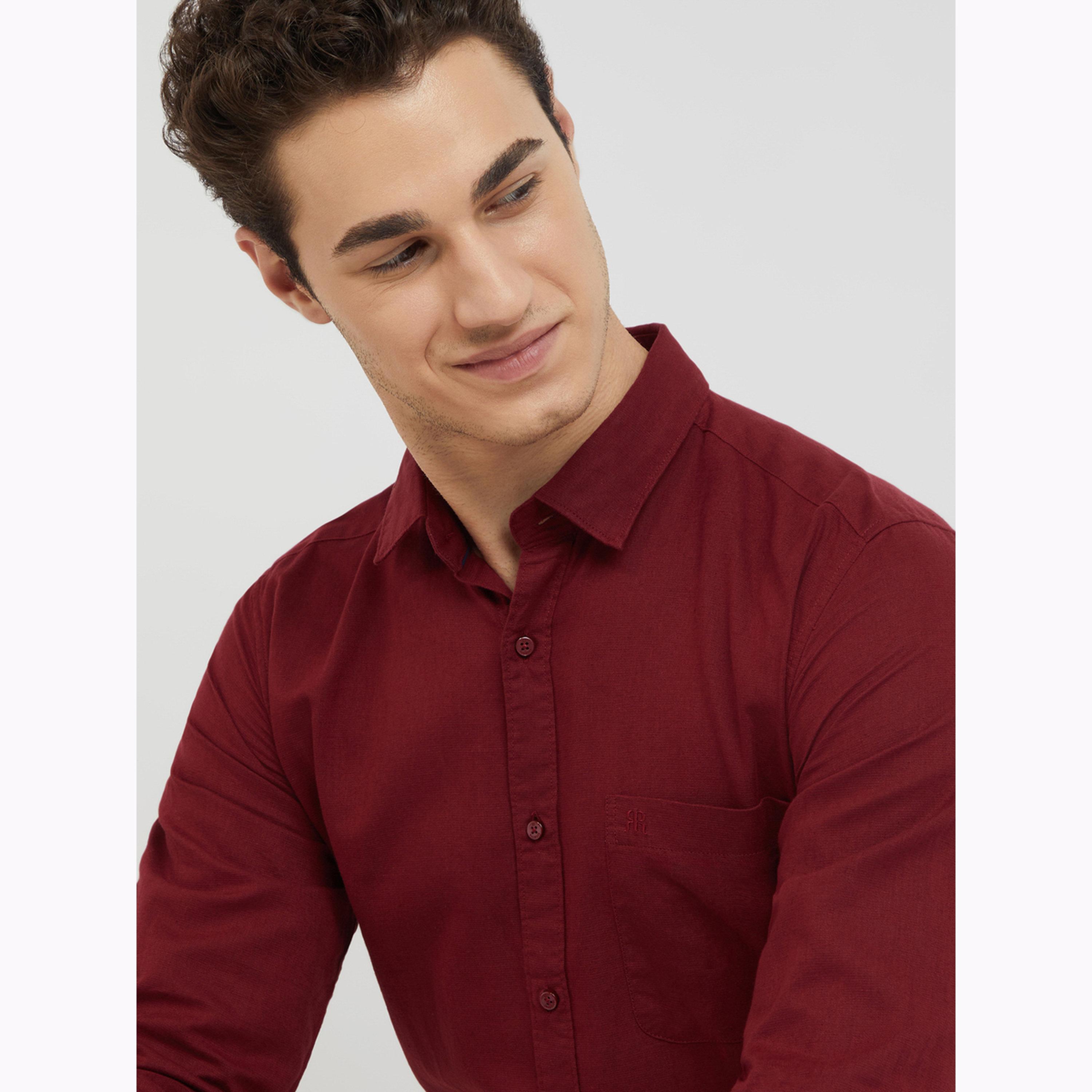 قميص رجالي سادة بأكمام طويلة وقصة ضيقة - أحمر-men-clothing-shirts-image-6