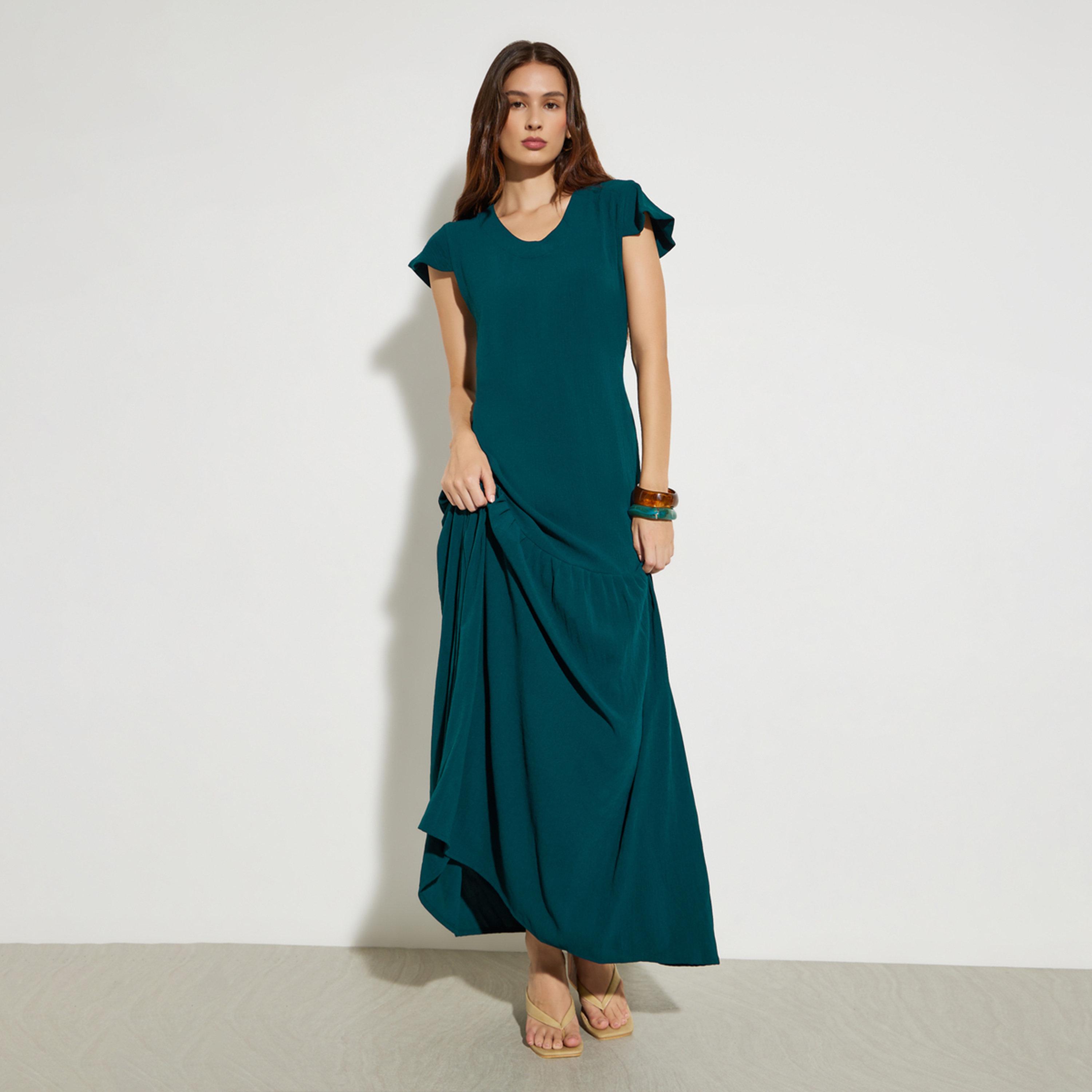 Maxim Creation X Styli Dark Green V Neck A-Line Maxi Dress-women-clothing-dresses-image-1