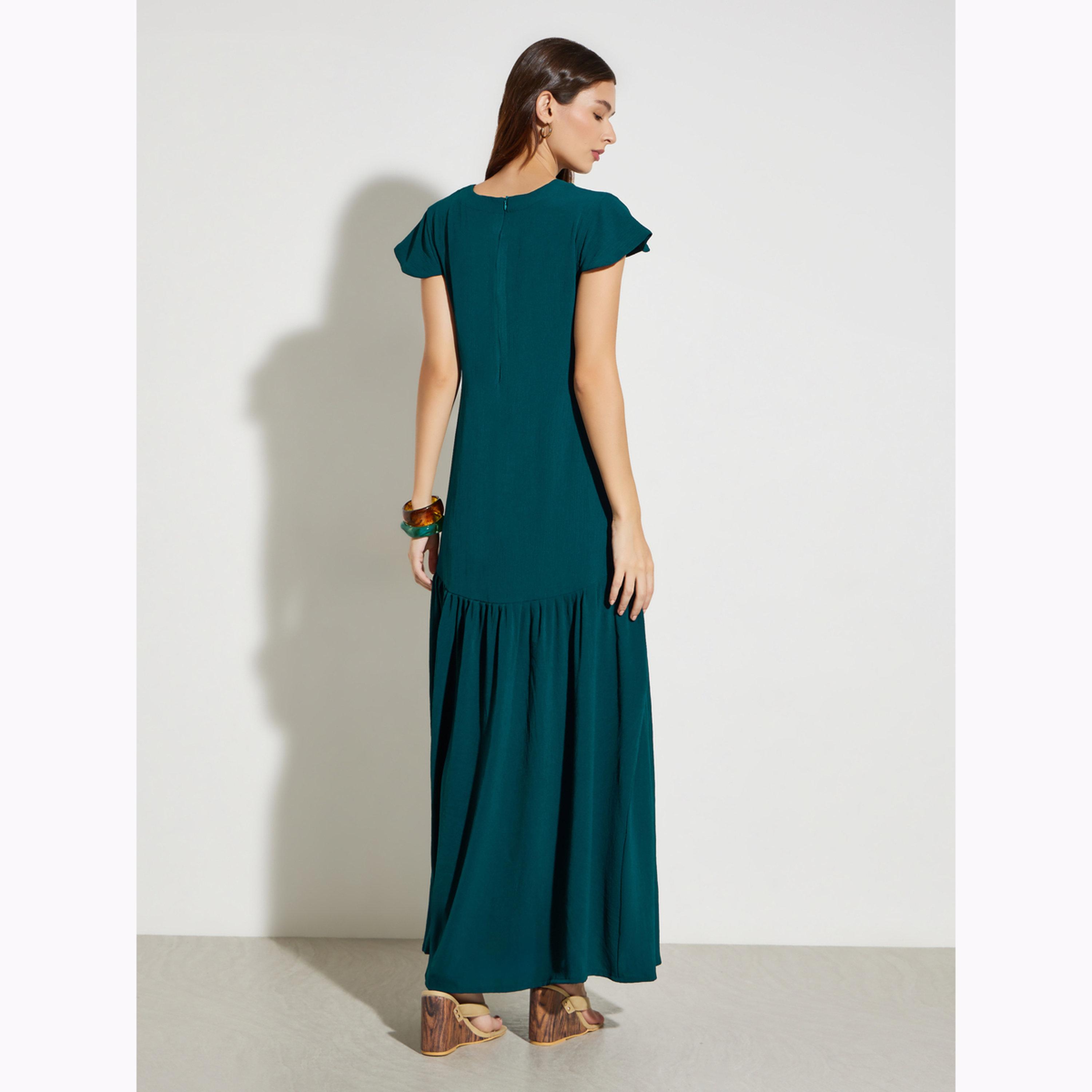 Maxim Creation X Styli Dark Green V Neck A-Line Maxi Dress-women-clothing-dresses-image-4