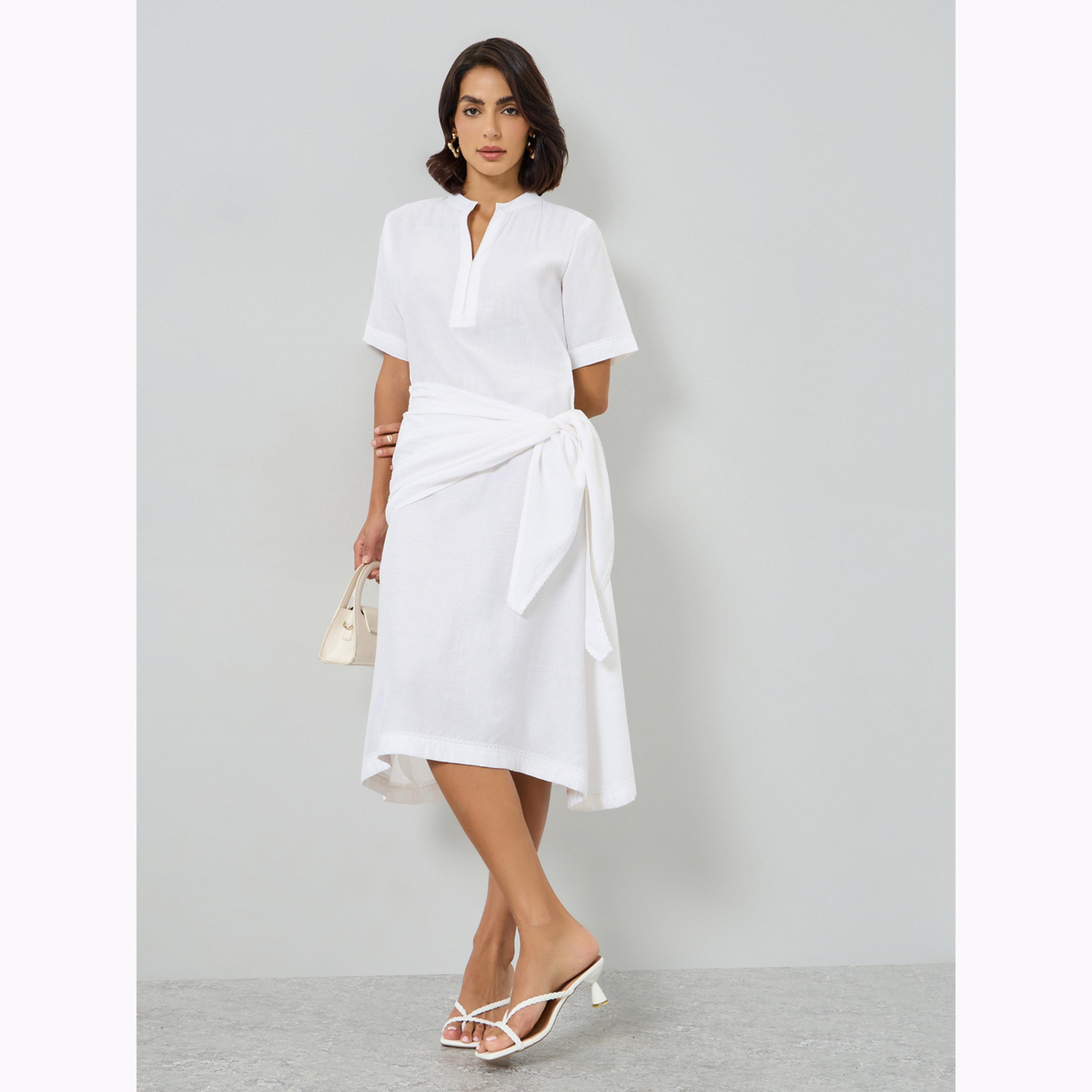 Maxim Creation X Styli Off White Wrap Tie-Waist Detail Midi Dress-women-clothing-dresses-image-1