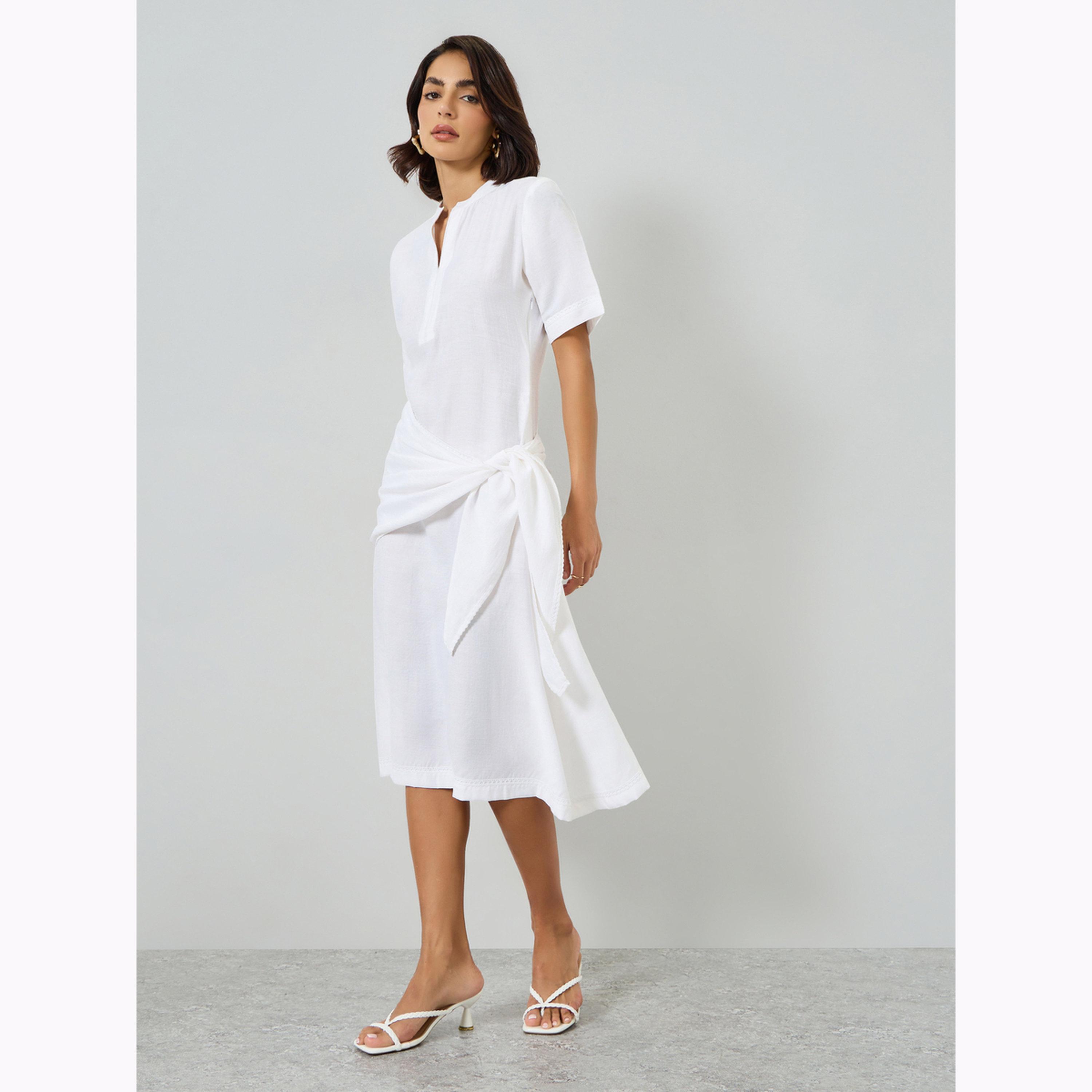Maxim Creation X Styli Off White Wrap Tie-Waist Detail Midi Dress-women-clothing-dresses-image-3