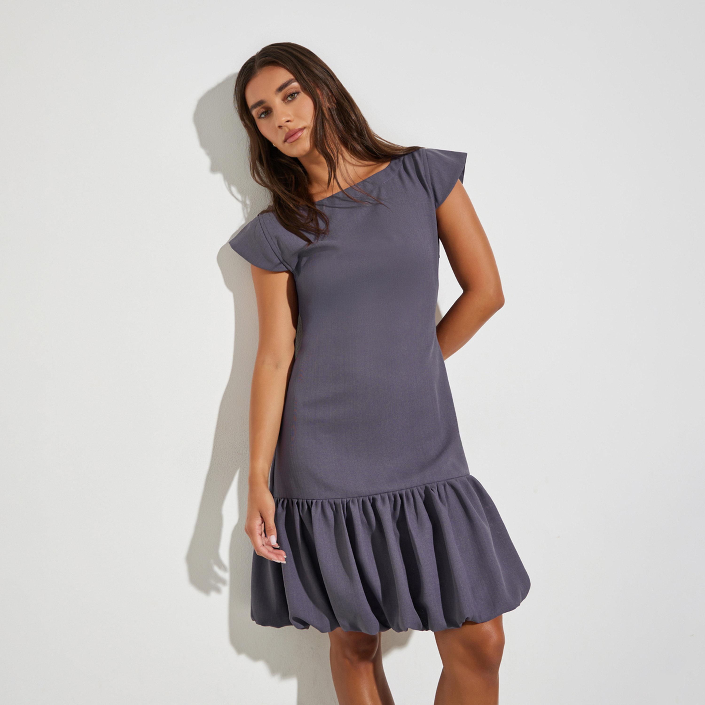 Maxim Creation X Styli Purple Short Sleeve Balloon Hem Knee Length Dress-women-clothing-dresses-image-1