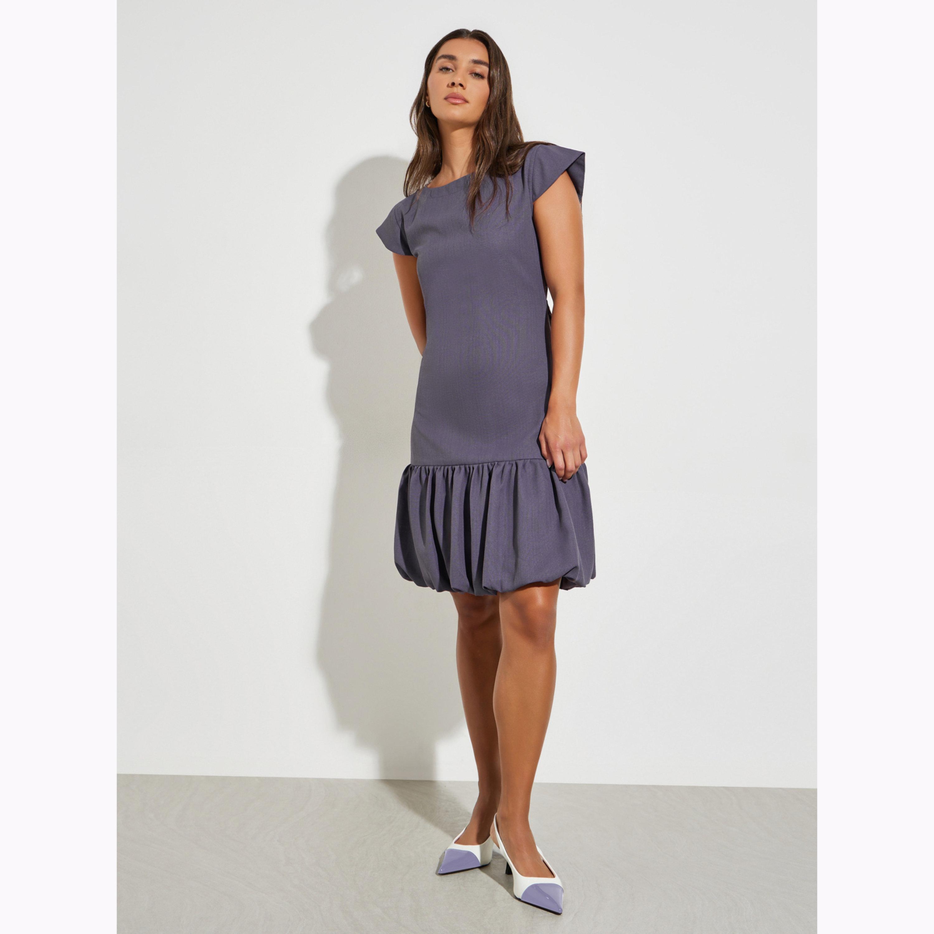 Maxim Creation X Styli Purple Short Sleeve Balloon Hem Knee Length Dress-women-clothing-dresses-image-2