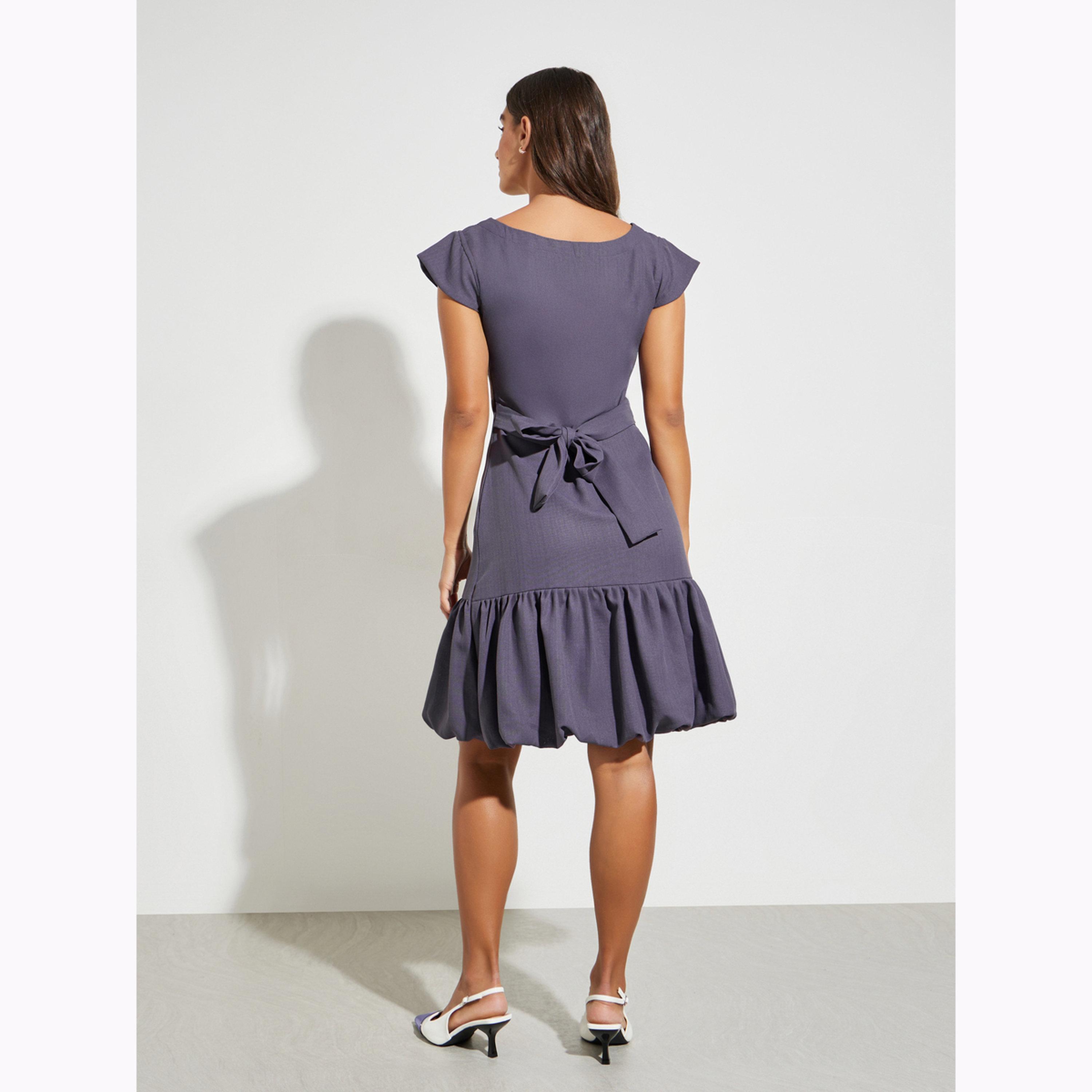 Maxim Creation X Styli Purple Short Sleeve Balloon Hem Knee Length Dress-women-clothing-dresses-image-3