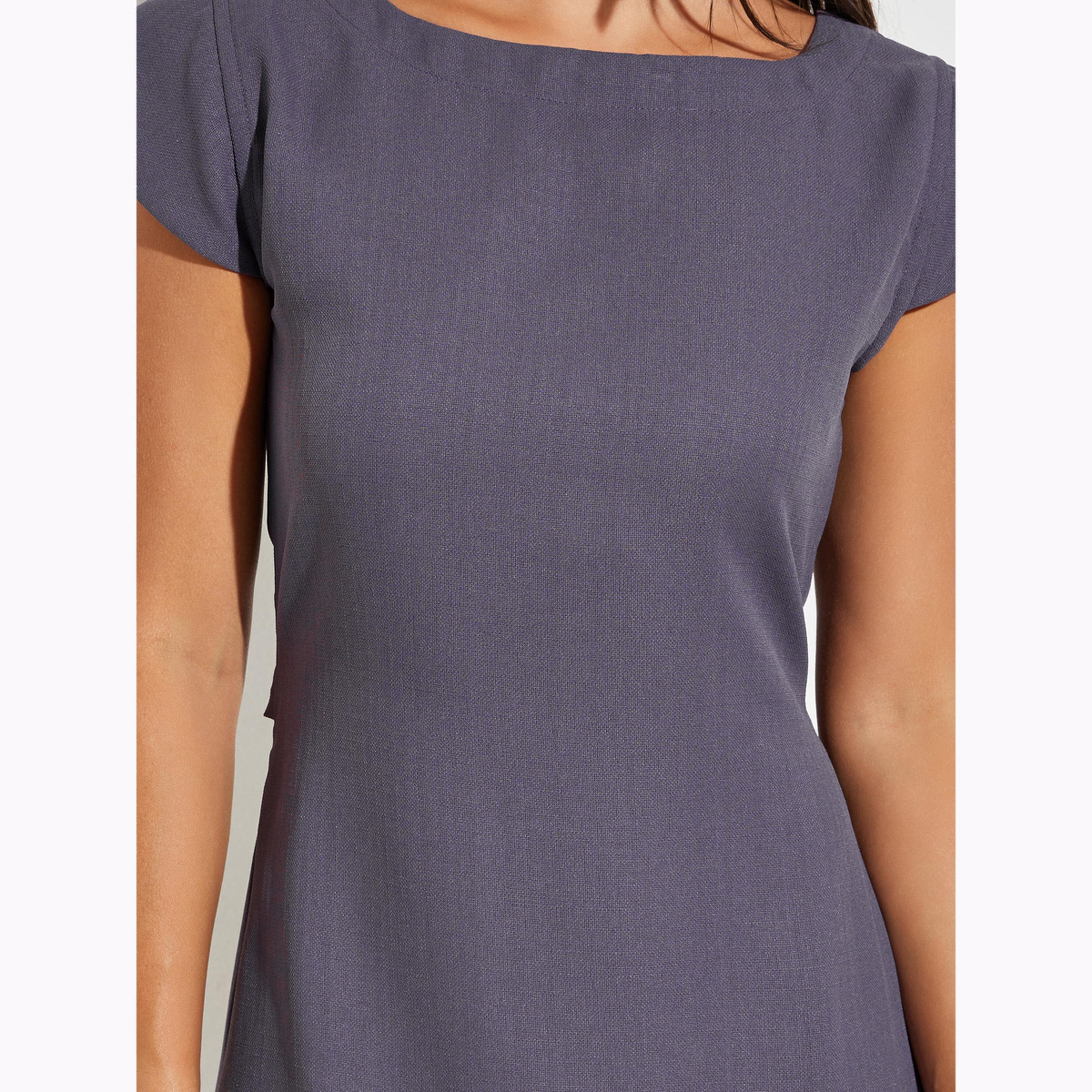 فستان بطول الركبة وحافة منفوخة وأكمام قصيرة لون بنفسجي-women-clothing-dresses-image-4