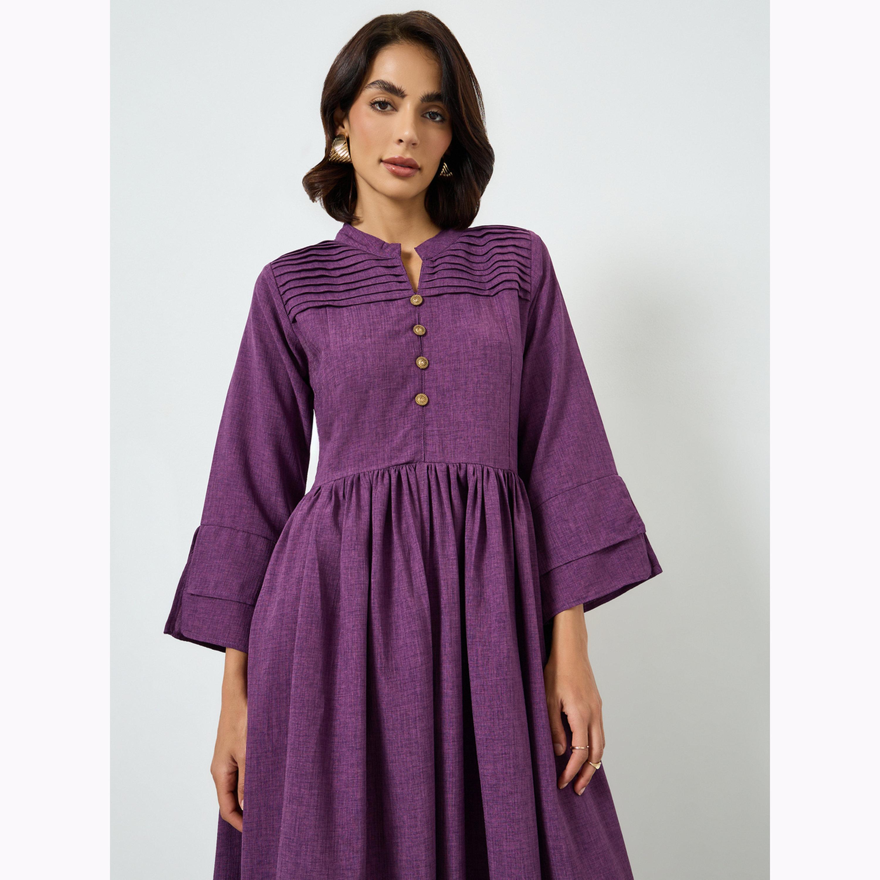 فستان طويل بحافة واسعة وتفاصيل طيات-women-clothing-dresses-image-3